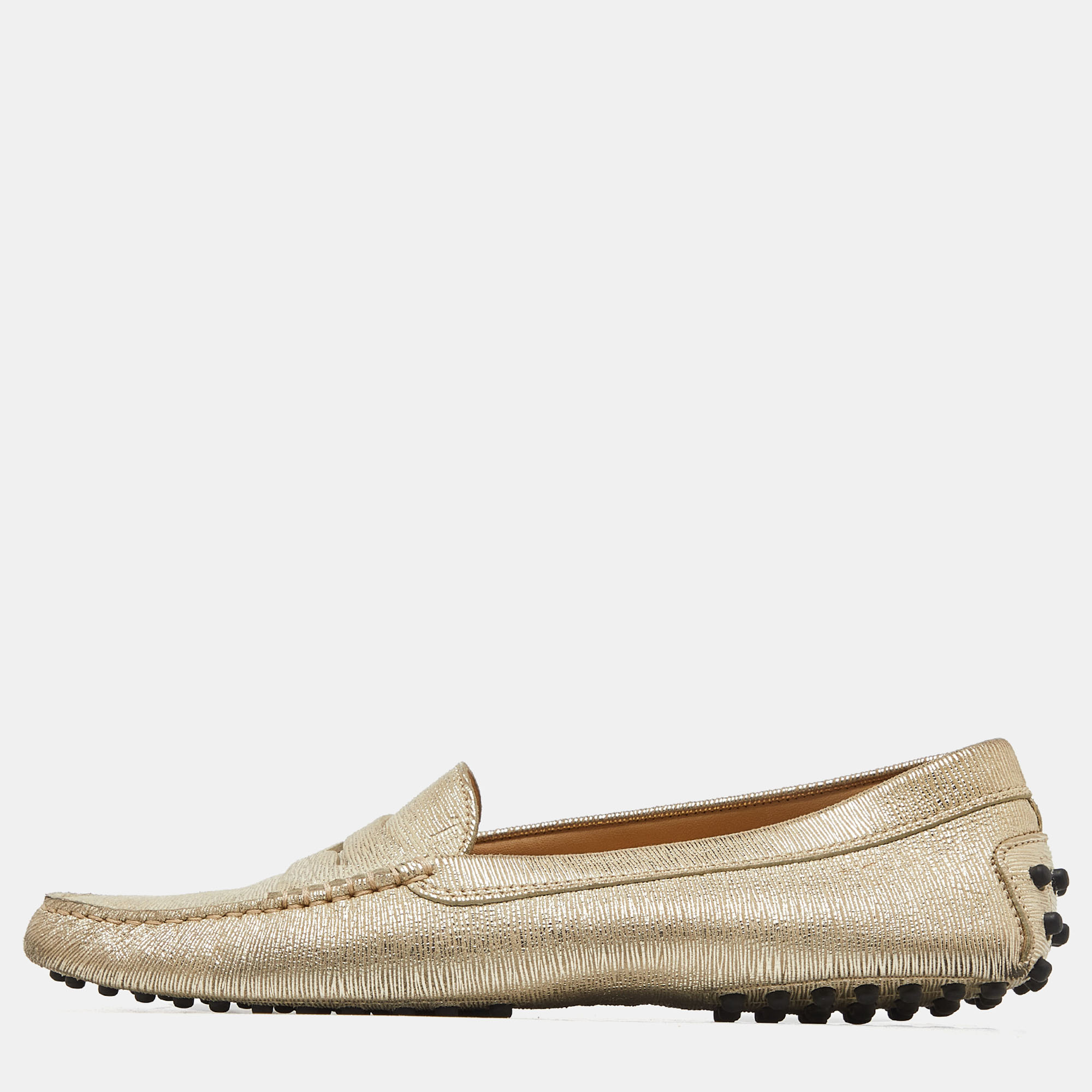 

Tod's Gold Textured Leather Penny Slip On Loafers Size