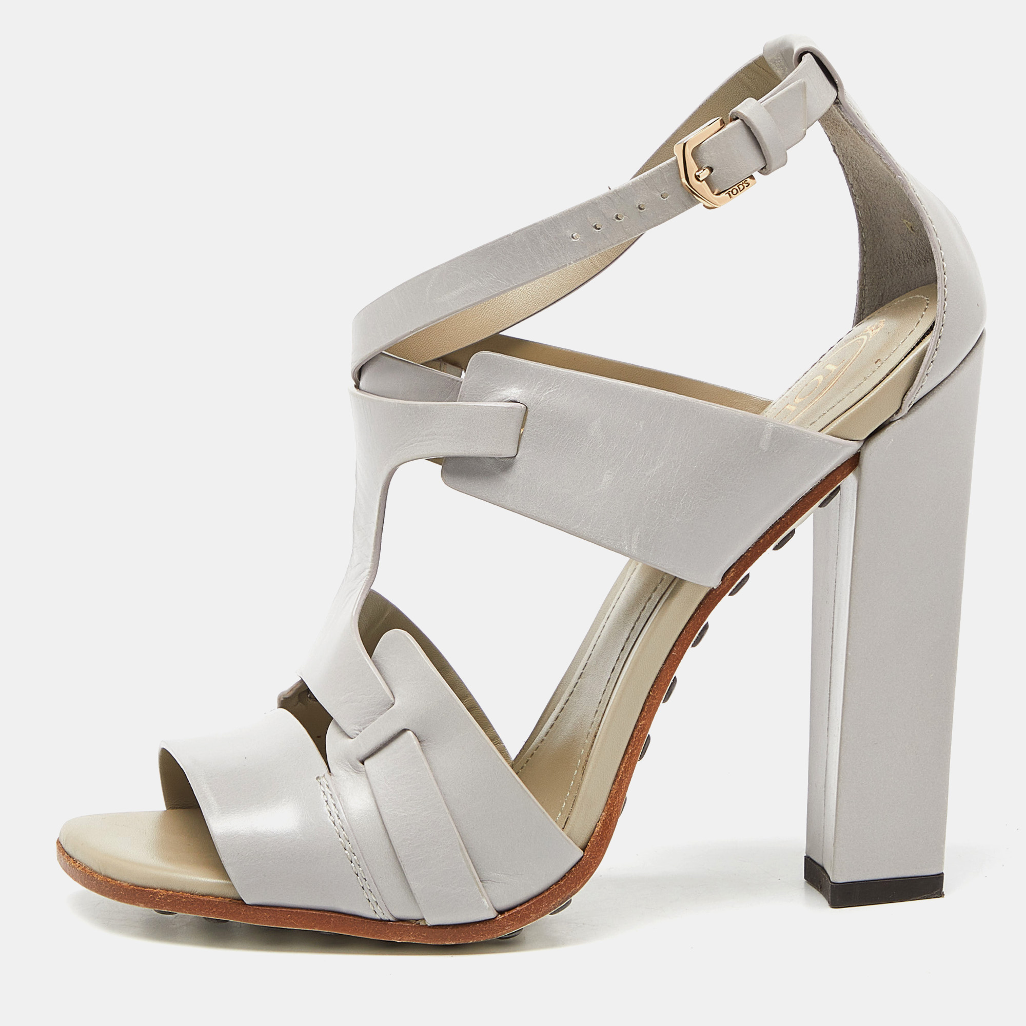 

Tod's Grey Leather Cutout Block Heel Ankle Strap Sandals Size