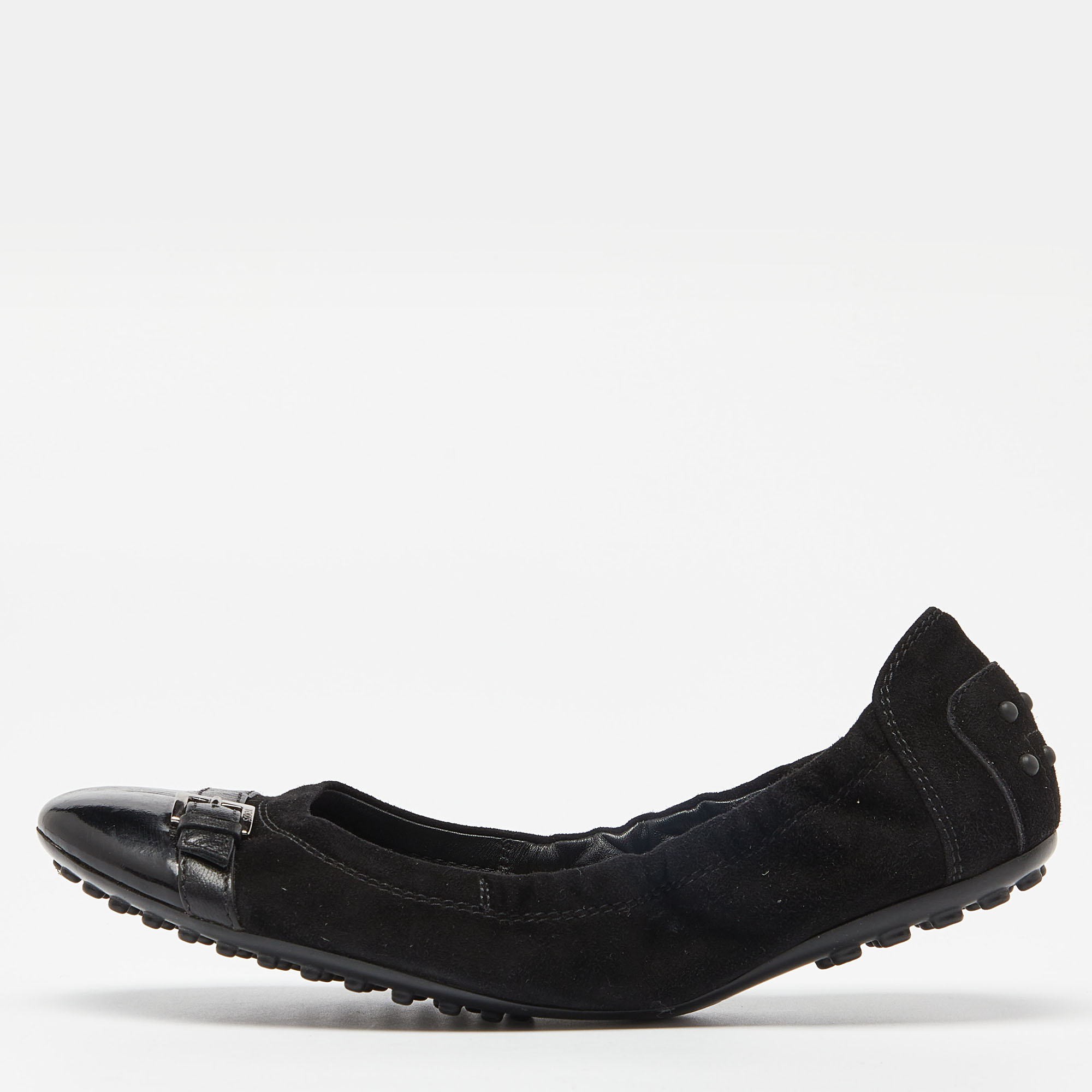 

Tod's Black Suede and Leather Buckle Detail Scrunch Ballet Flats Size