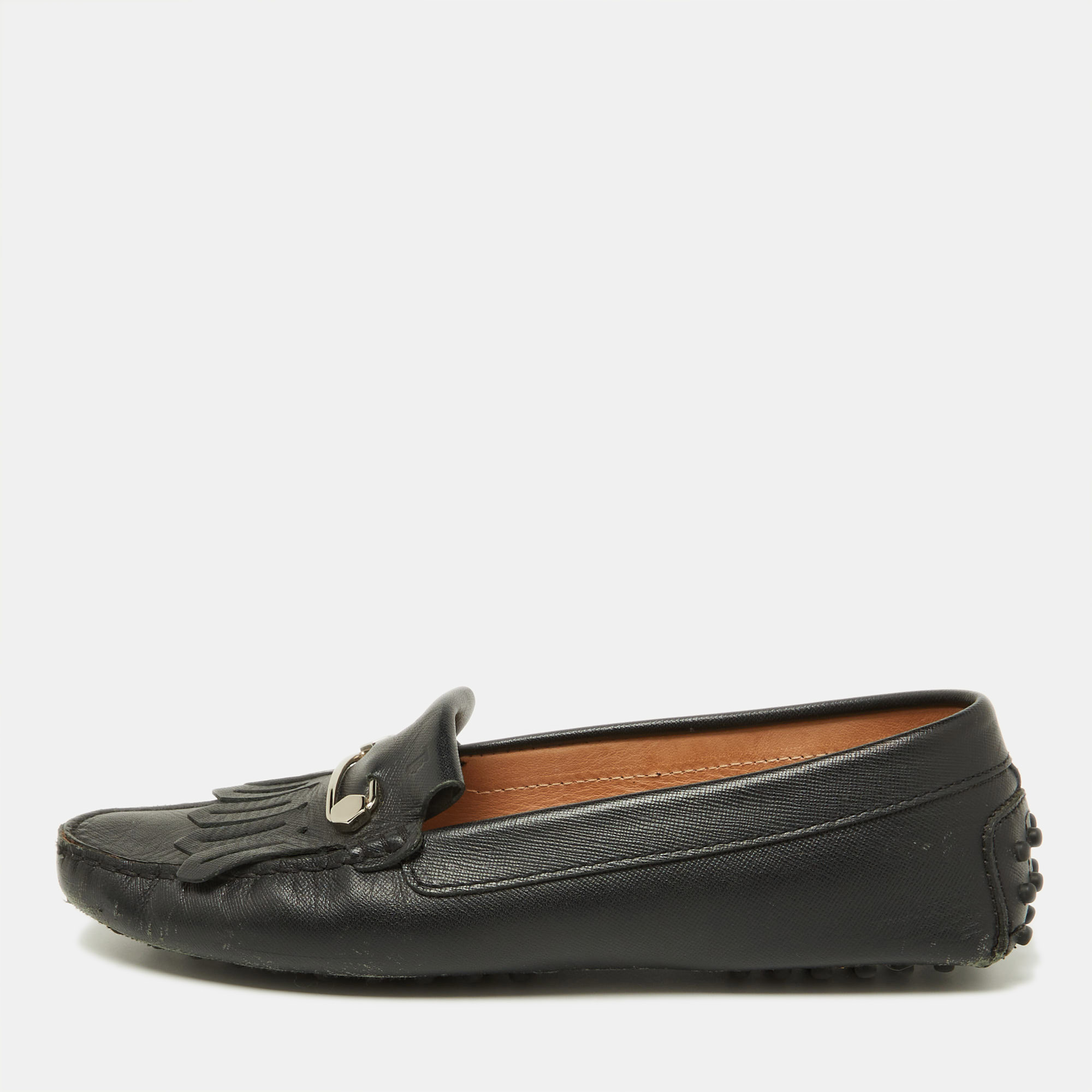 

Tod's Black Leather Fringe Detail Slip On Loafers Size