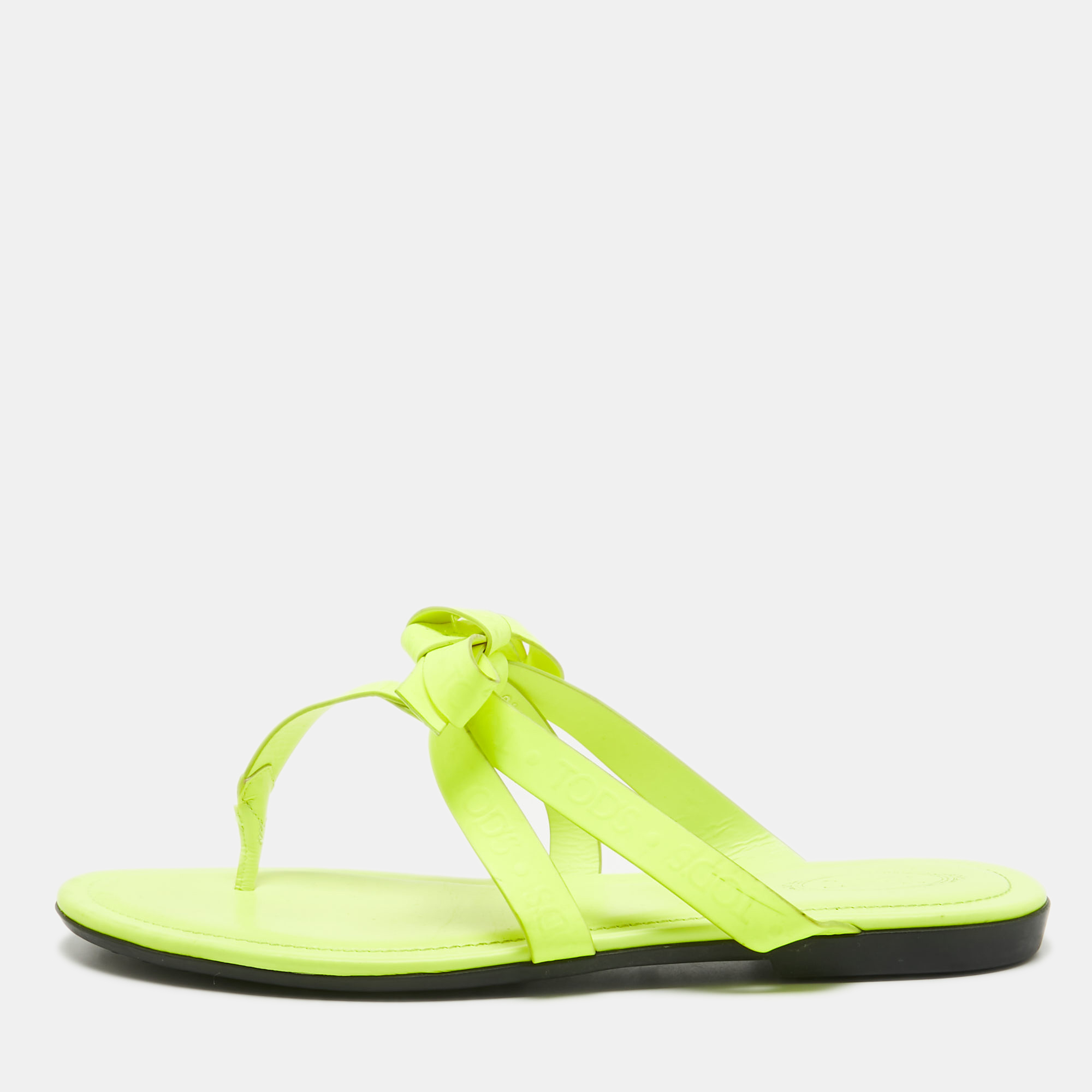 Pre-owned Tod's Neon Yellow Leather Logo Bow Thong Flats Size 39.5