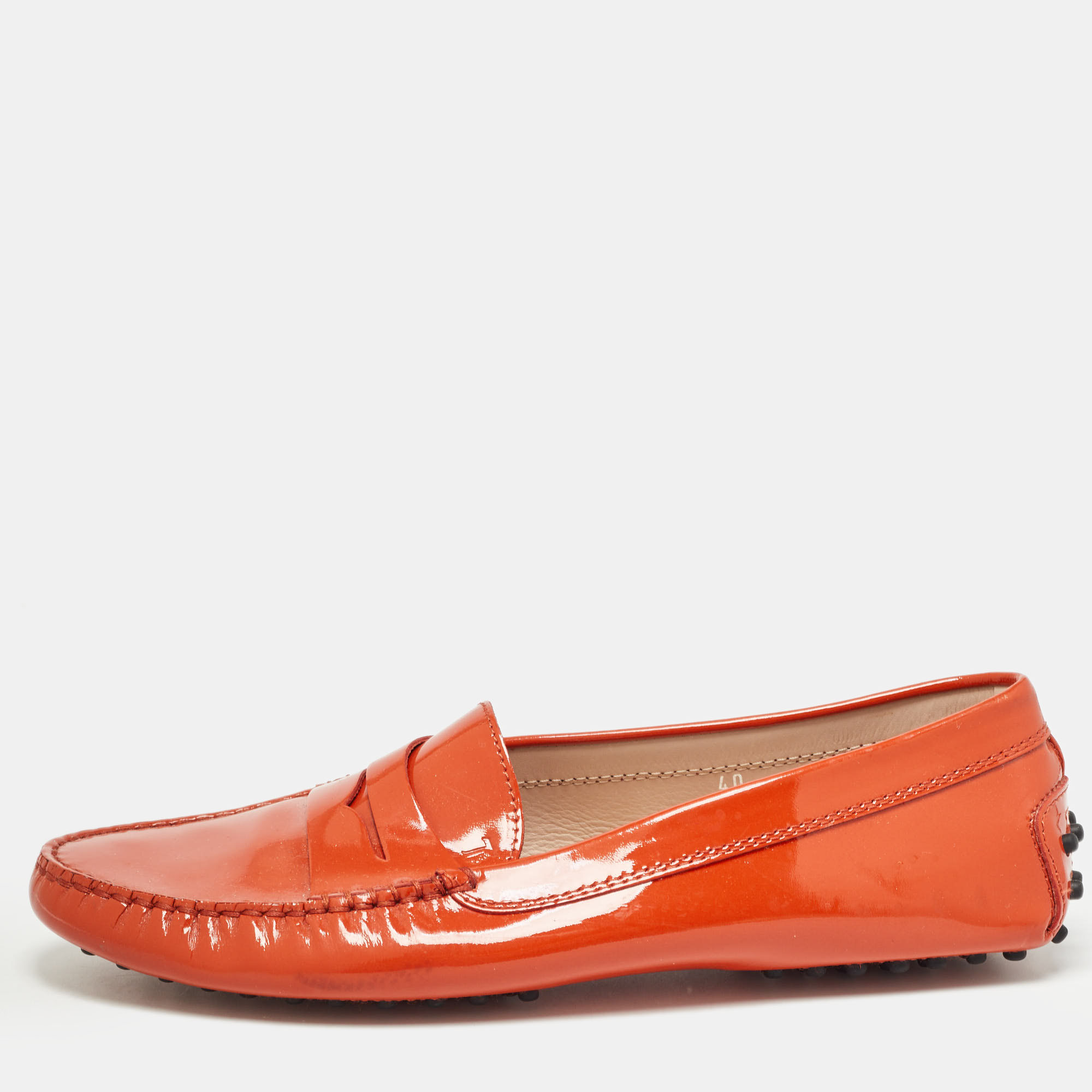 

Tod's Orange Patent Leather Penny Loafers Size