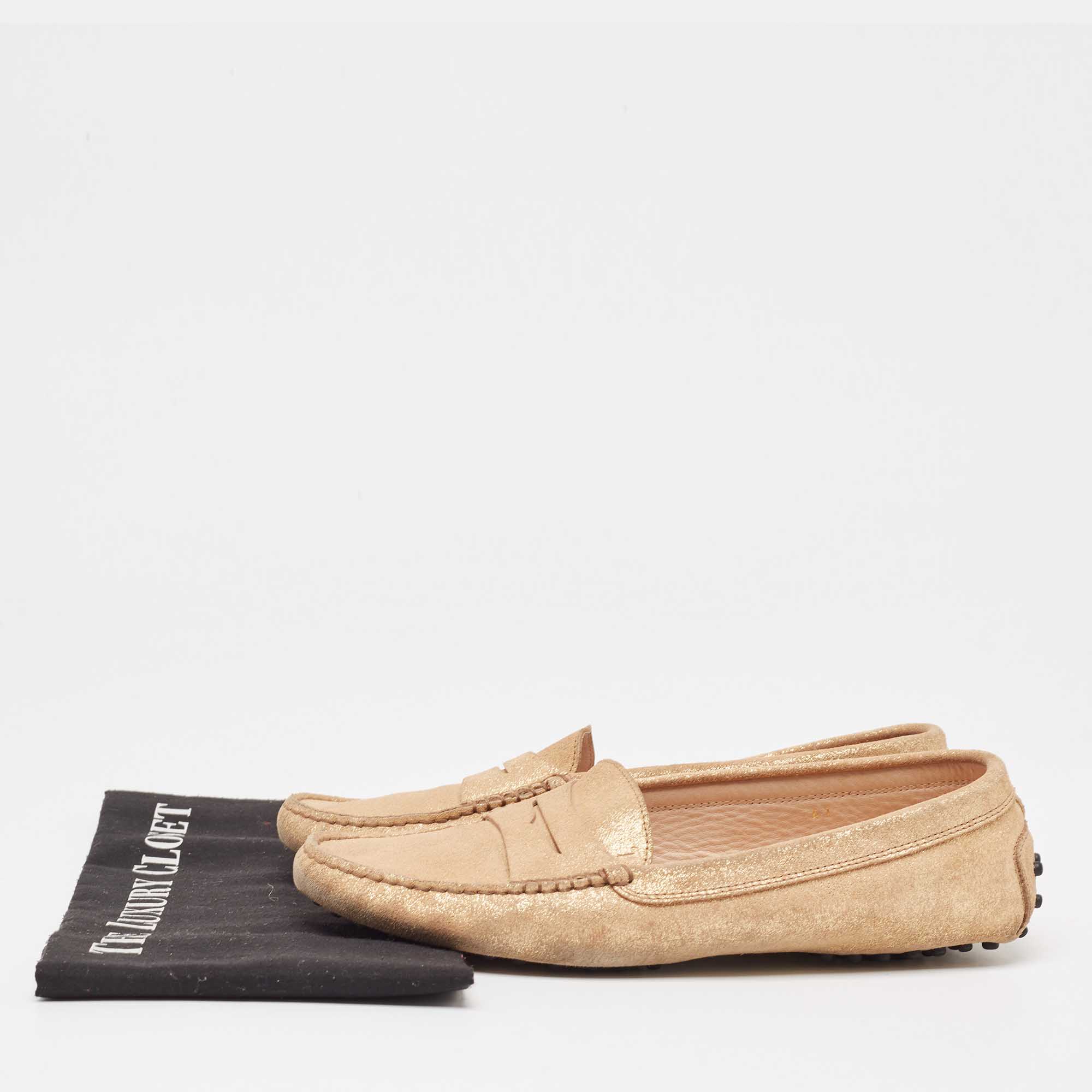 Tod`s Gold Glitter Suede Penny Loafers Size 41 
