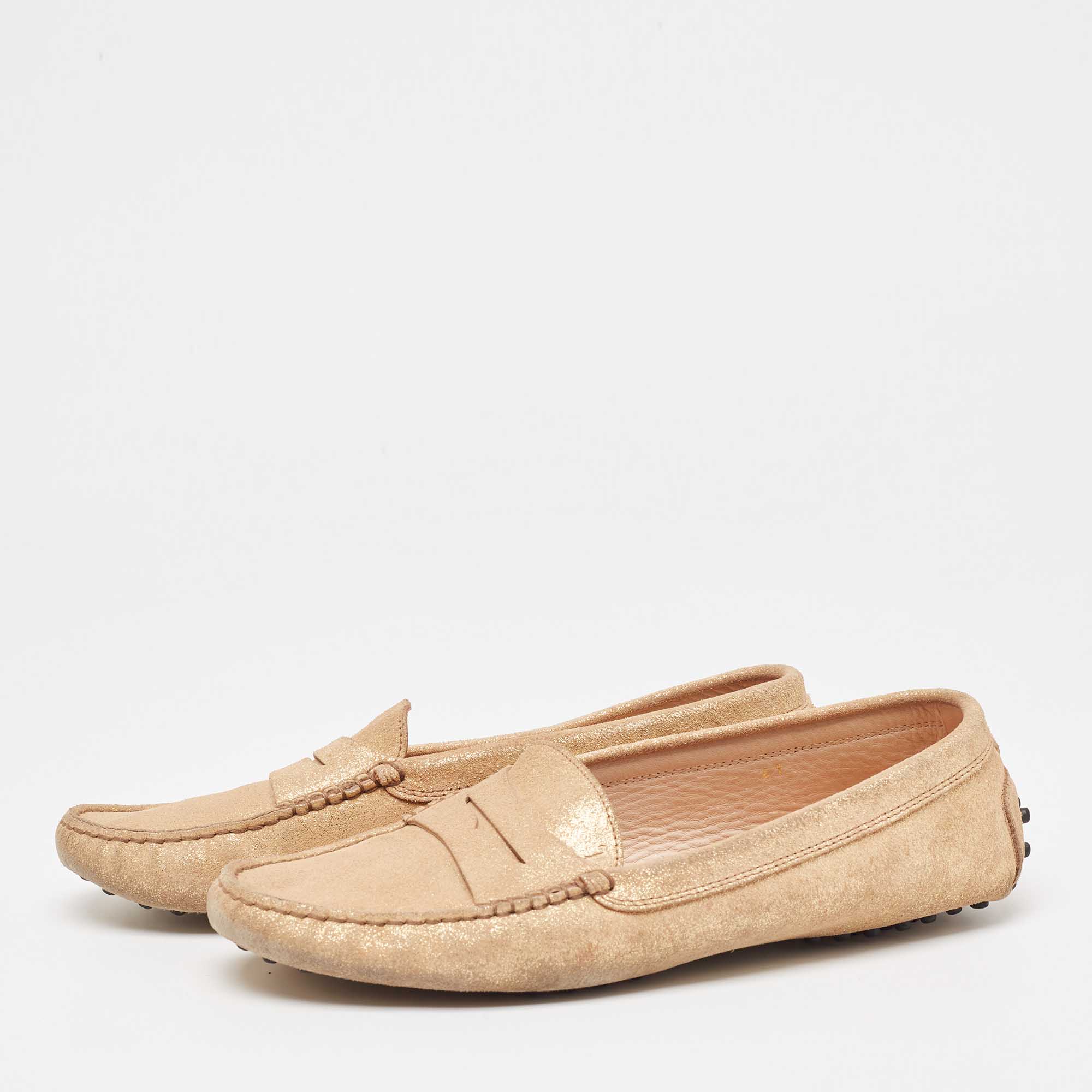 Tod`s Gold Glitter Suede Penny Loafers Size 41 