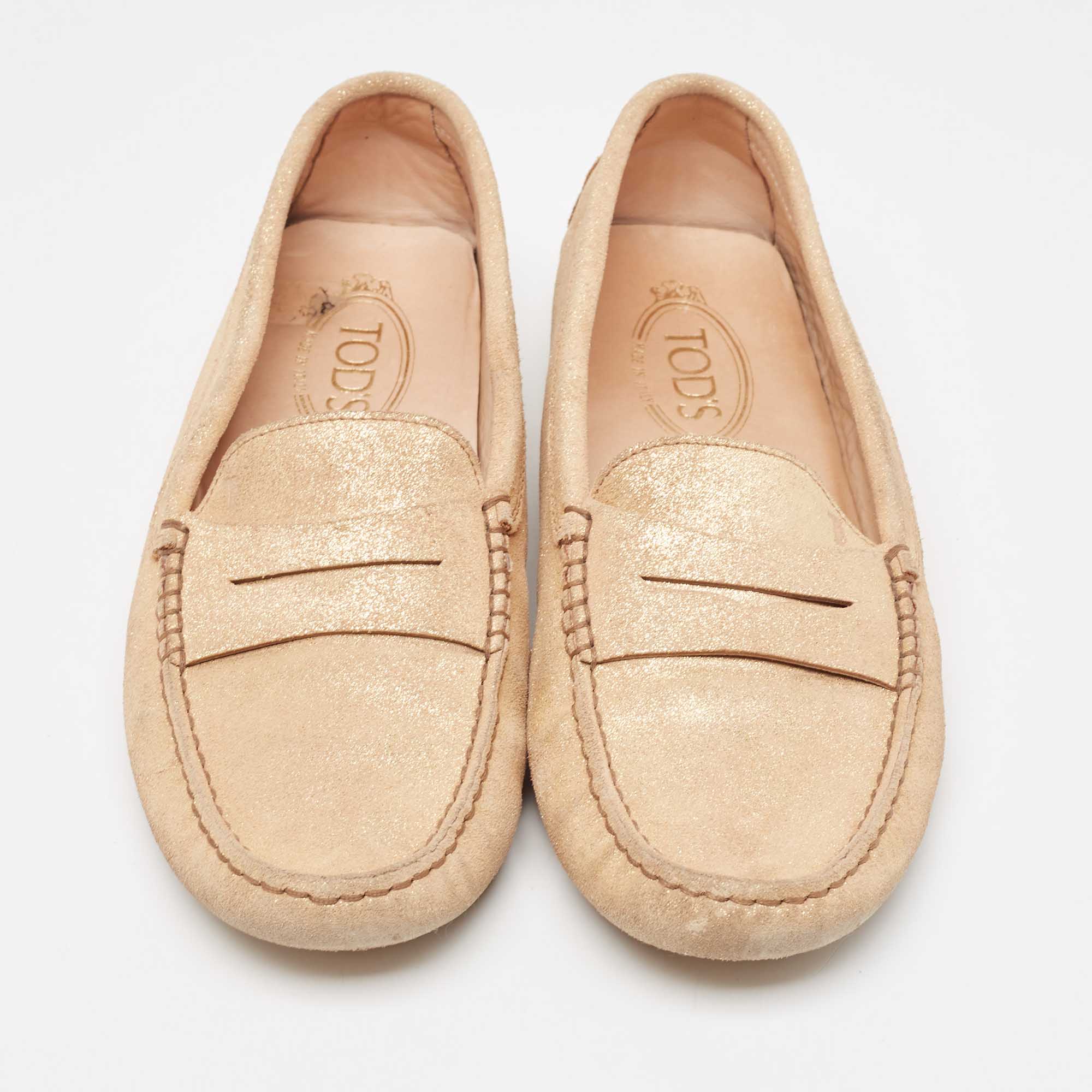 Tod`s Gold Glitter Suede Penny Loafers Size 41 