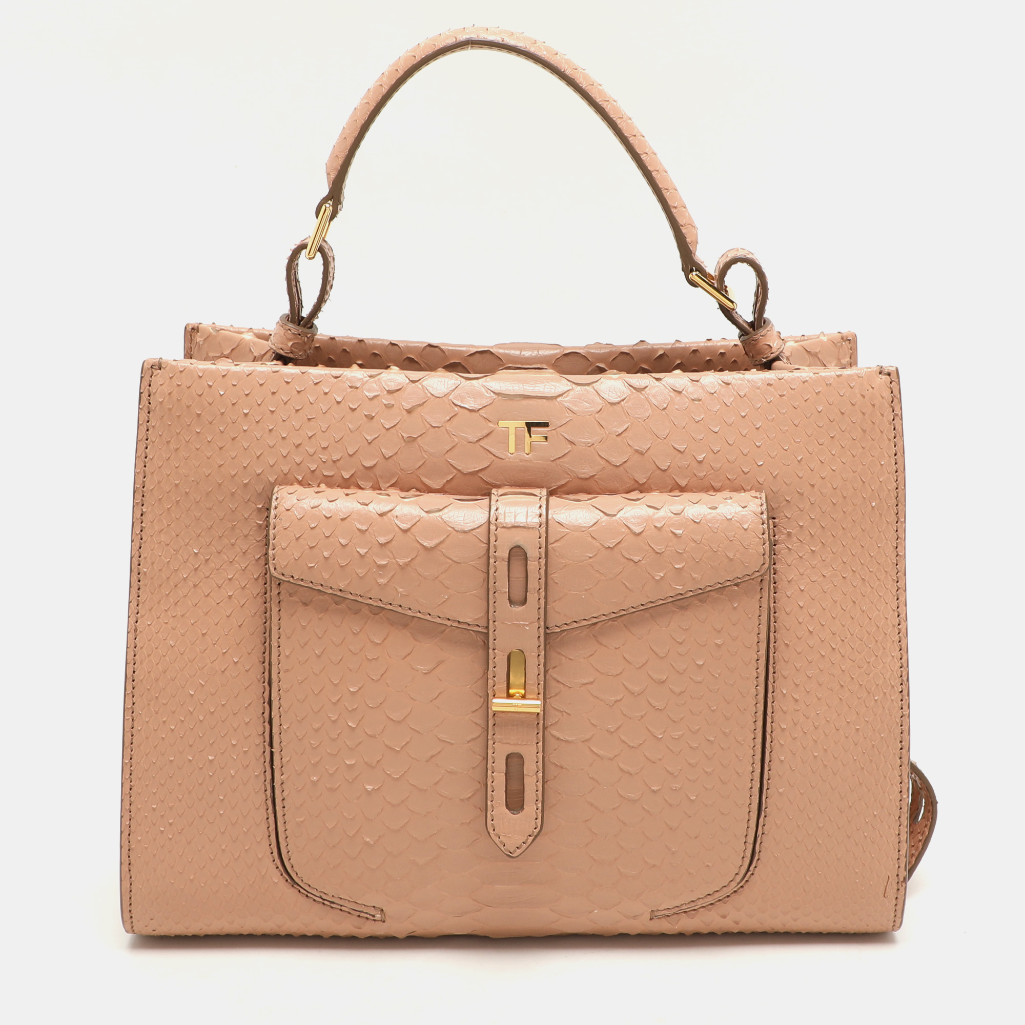 

Tom Ford Beige Python Small T Twist Top Handle Bag