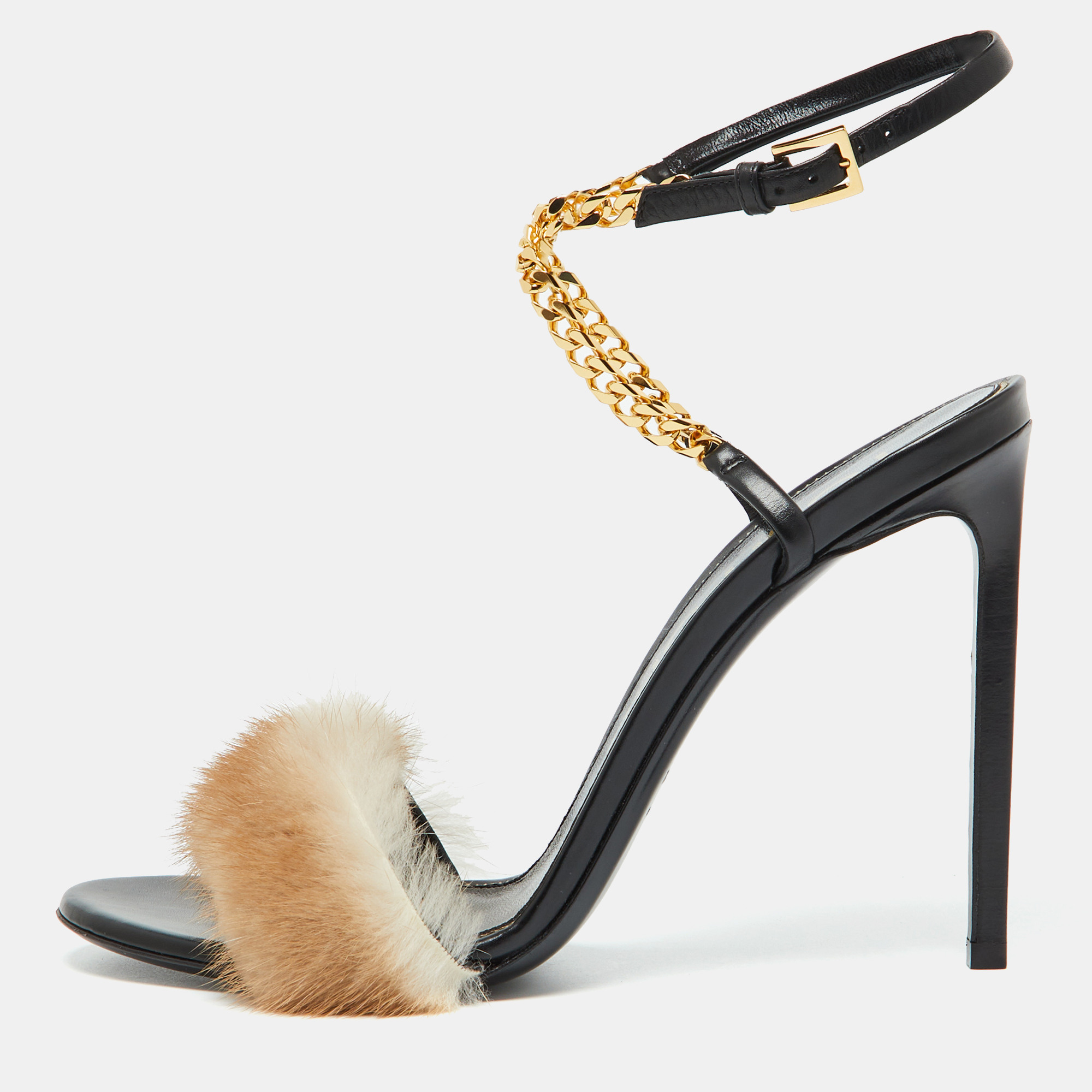 

Tom Ford Beige/Black Mink Fur and Leather Ankle Strap Sandals Size