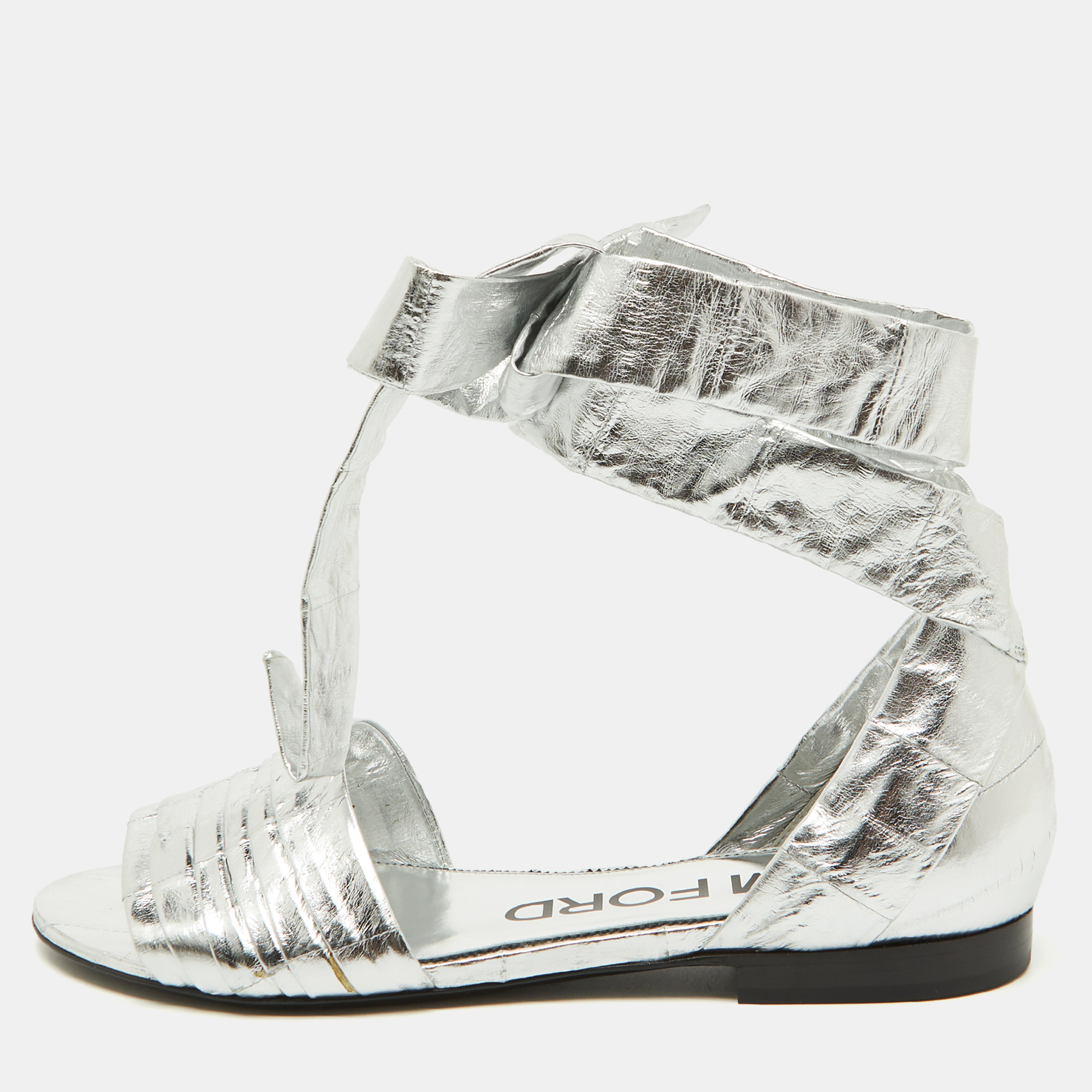 

Tom Ford Silver Laminated Leather Ankle Wrap Flat Sandals Size