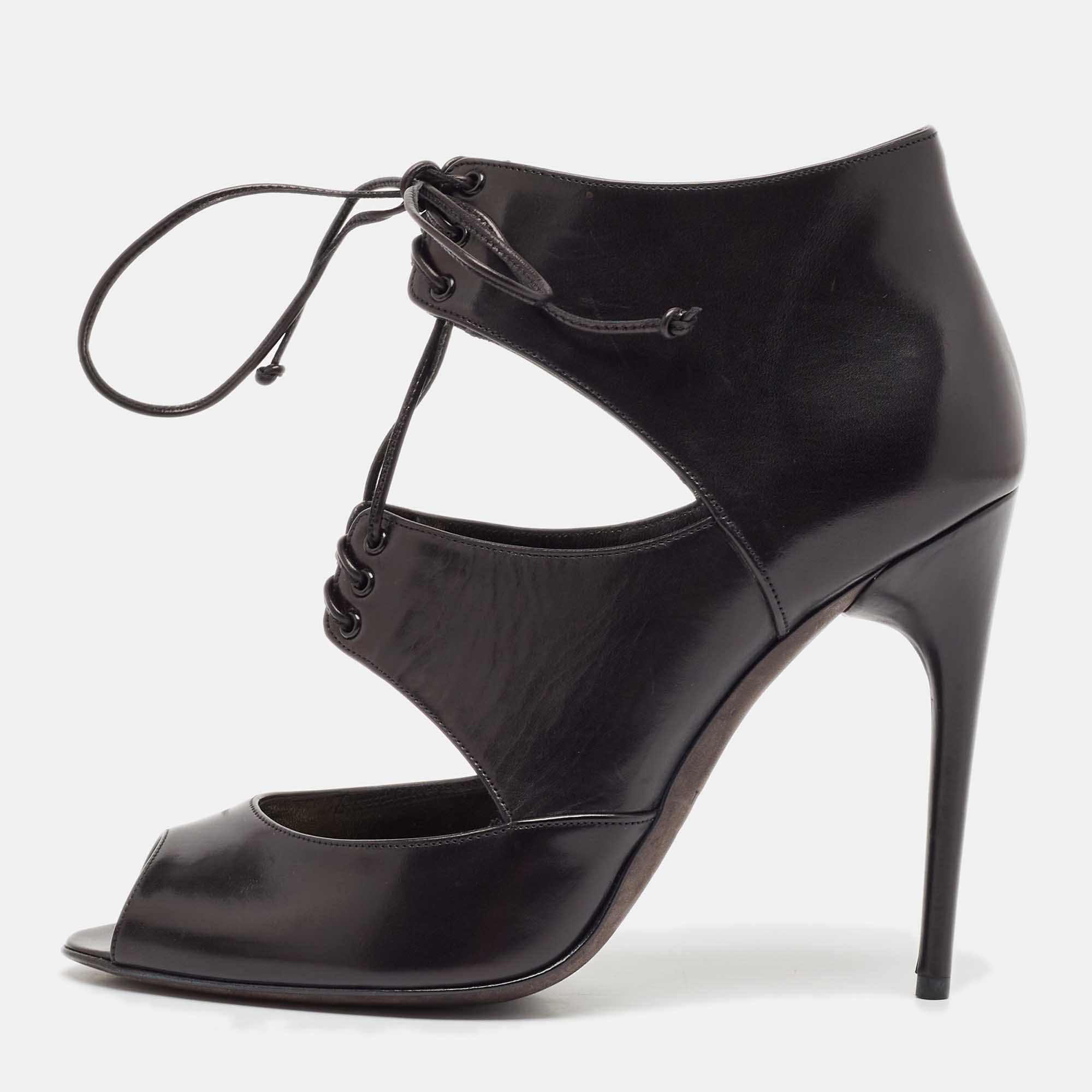 

Tom Ford Black Leather Cut Out Peep Toe Ankle Booties Size