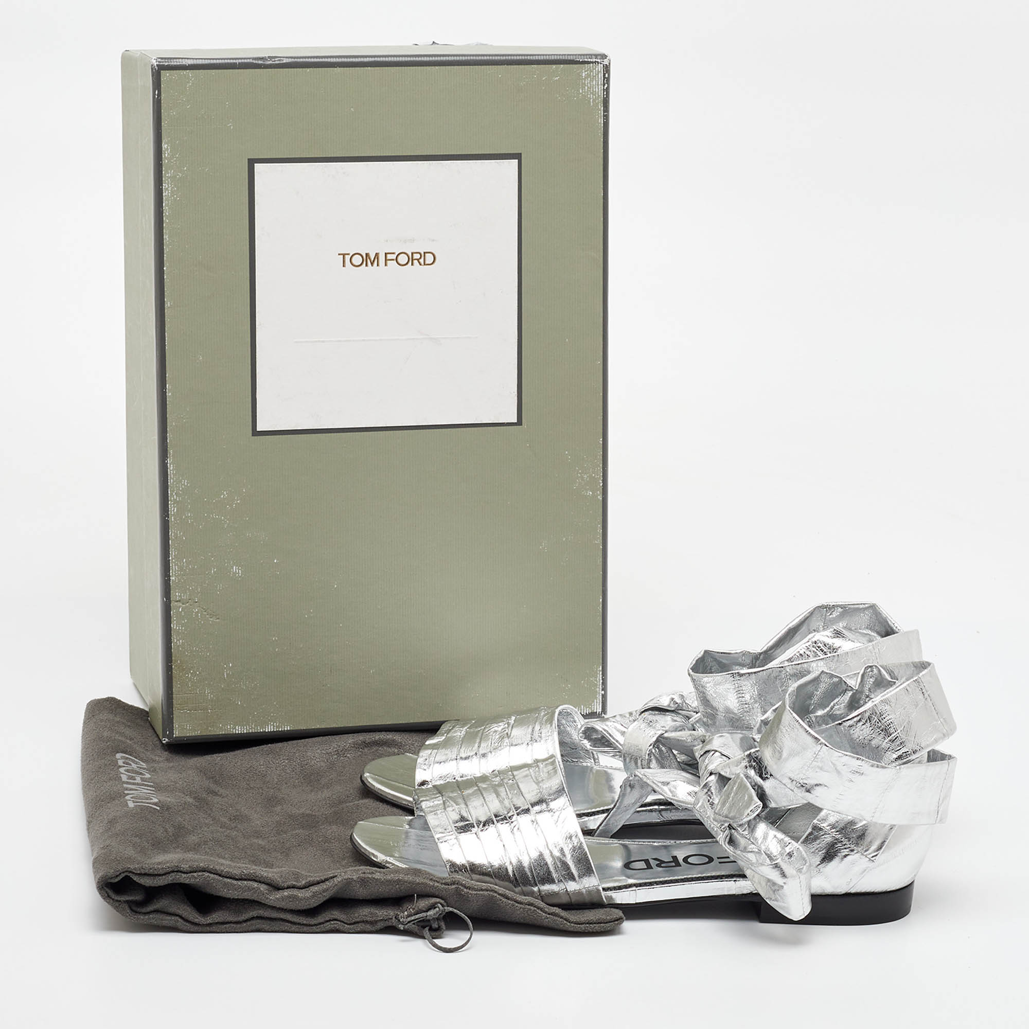 Tom Ford Silver Laminated Leather Ankle Wrap Flat Sandals Size 37 