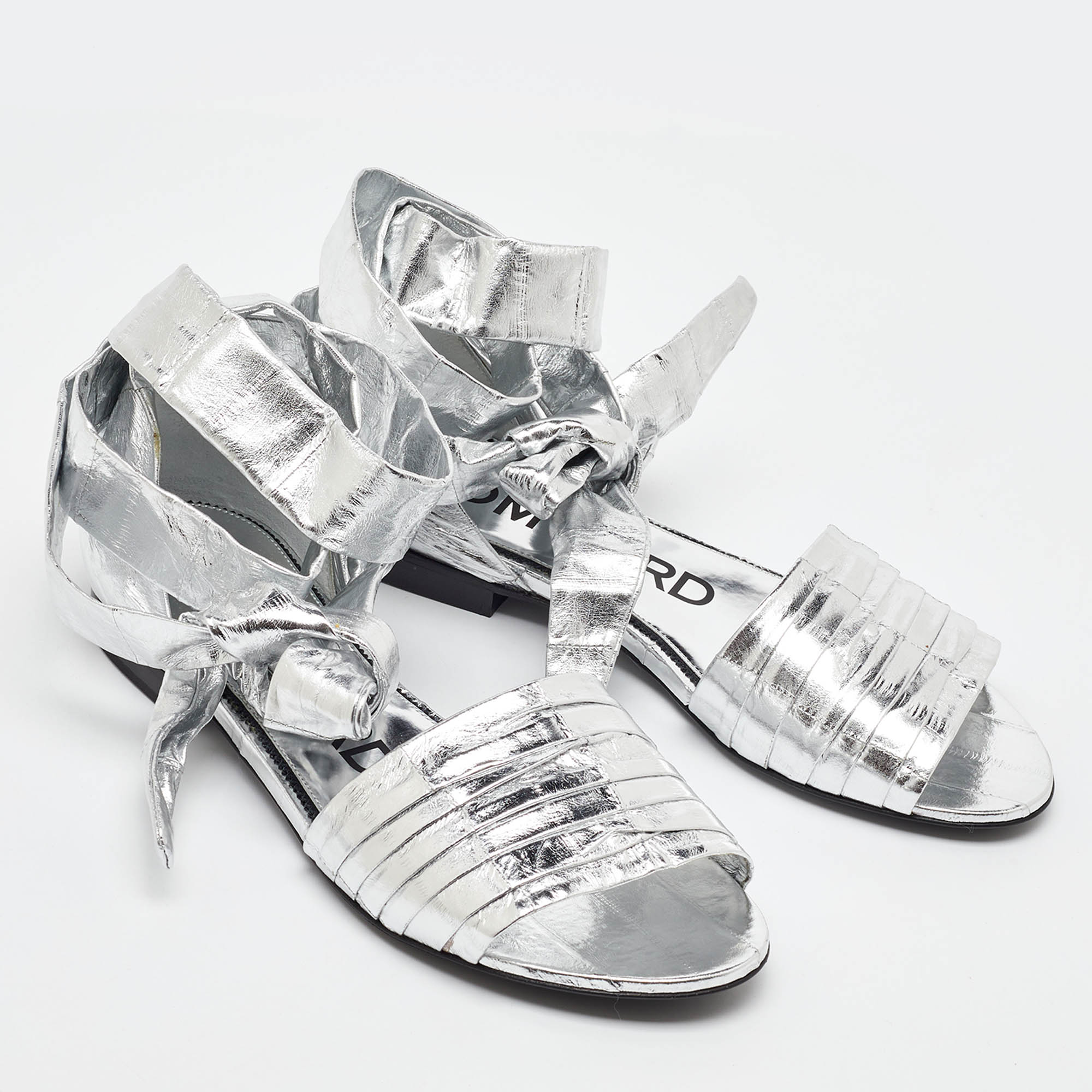 Tom Ford Silver Laminated Leather Ankle Wrap Flat Sandals Size 37 