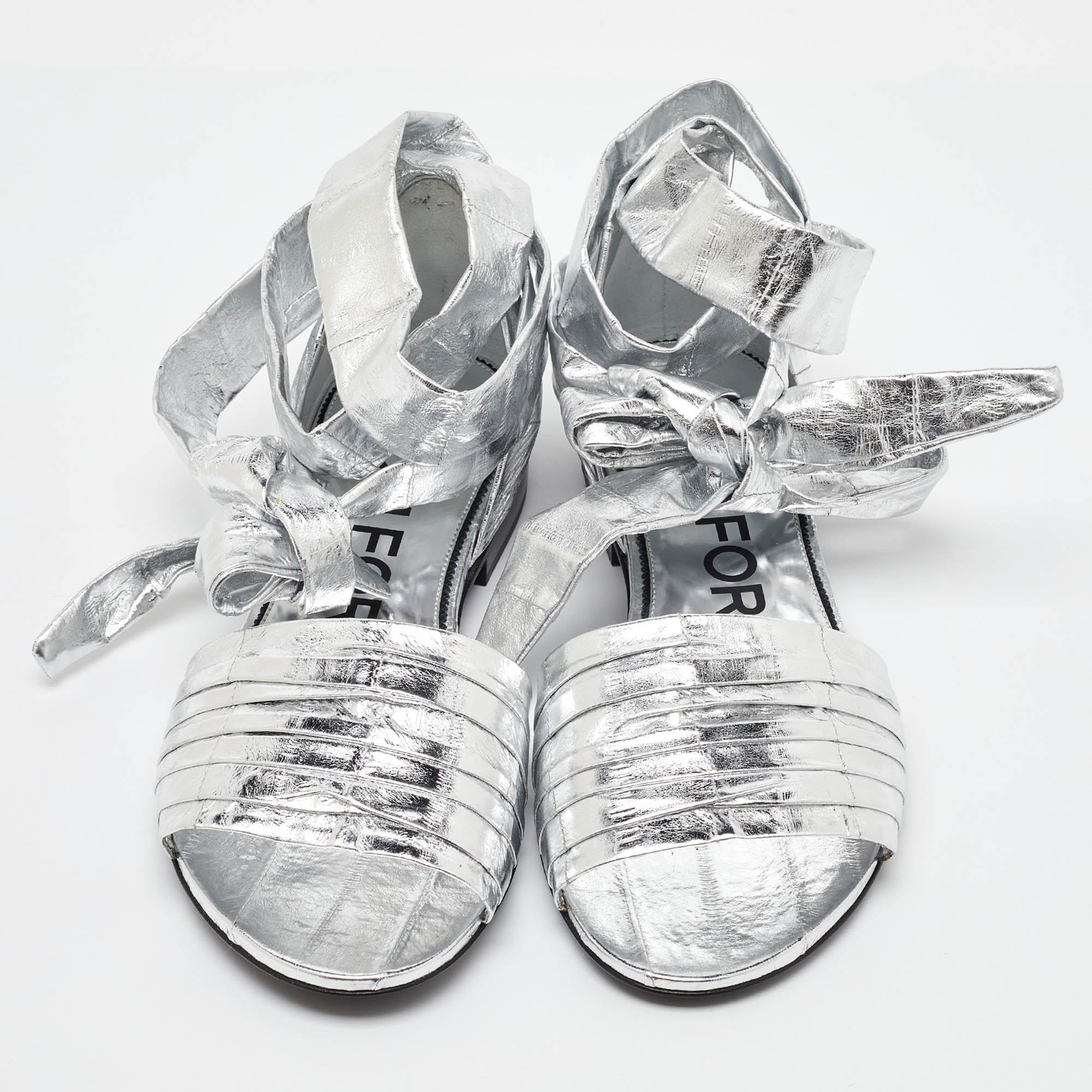Tom Ford Silver Laminated Leather Ankle Wrap Flat Sandals Size 37 