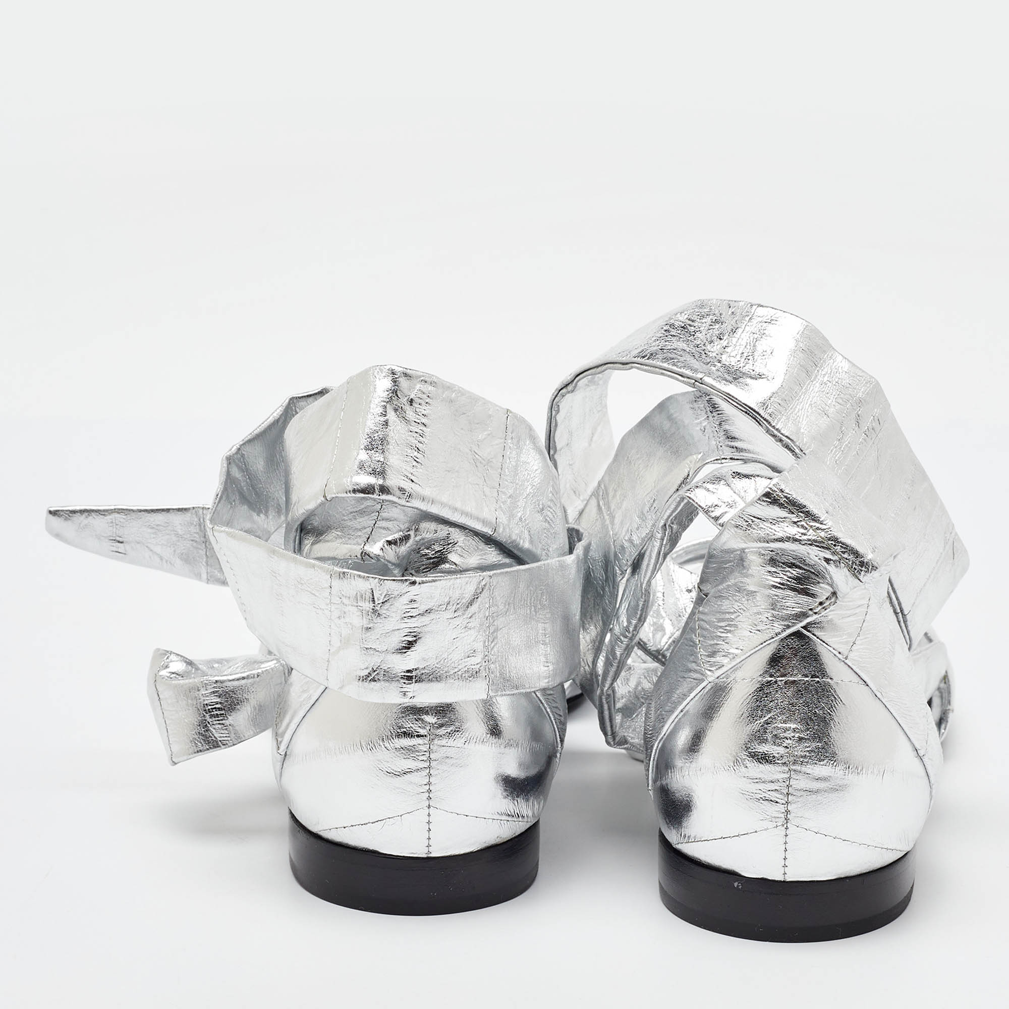 Tom Ford Silver Laminated Leather Ankle Wrap Flat Sandals Size 37 
