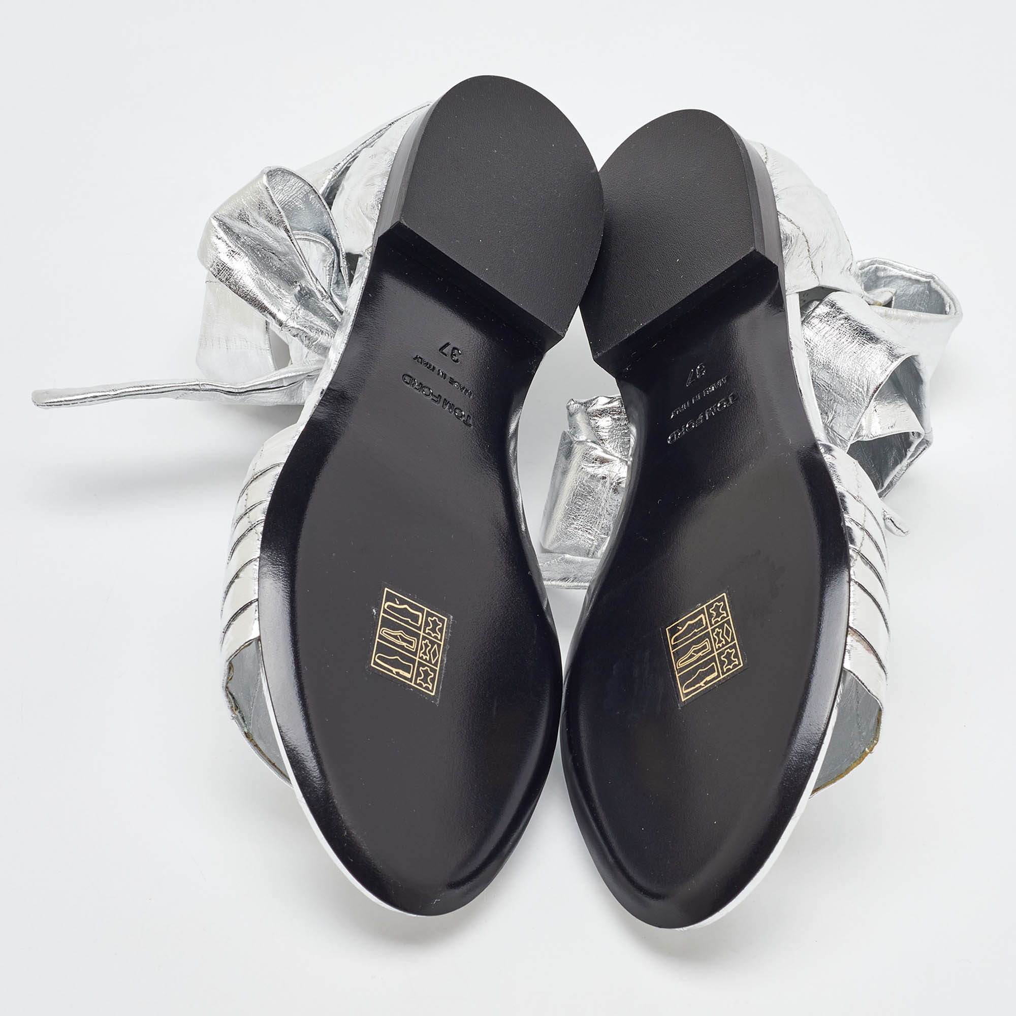 Tom Ford Silver Laminated Leather Ankle Wrap Flat Sandals Size 37 