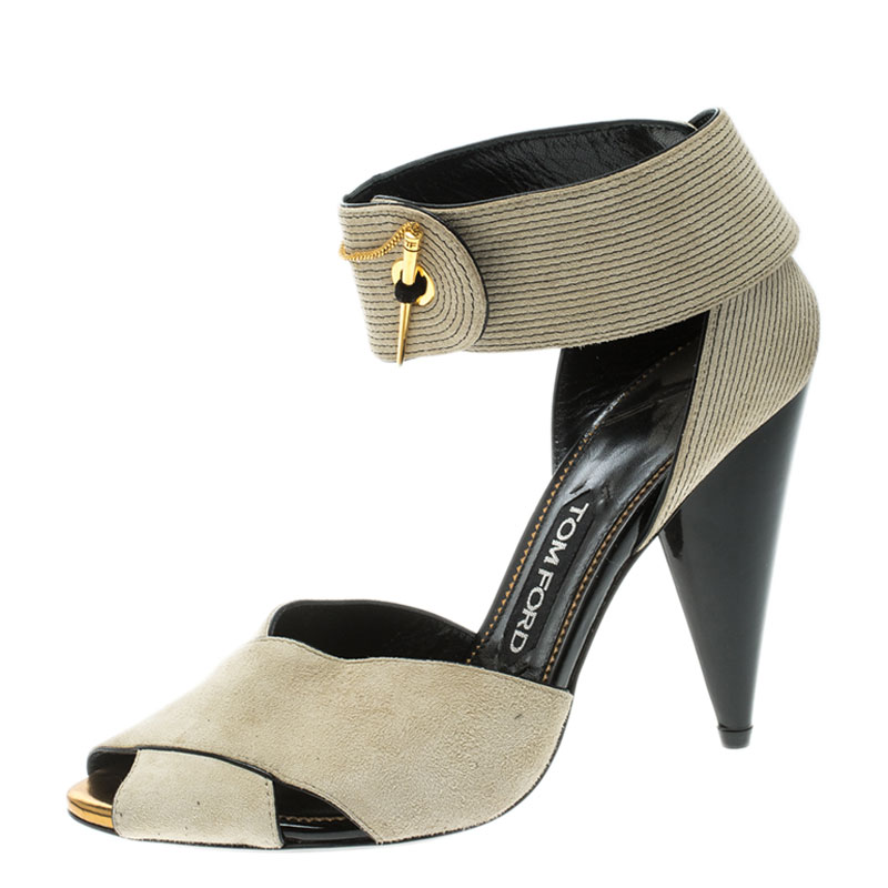 Pre Owned Tom Ford Beige Suede Cross Ankle Wrap Peep Toe Sandals Size 37