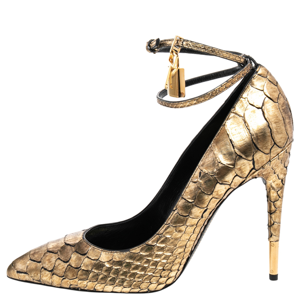 

Tom Ford Gold Python Leather Padlock Ankle Strap Pointed Toe Pumps Size