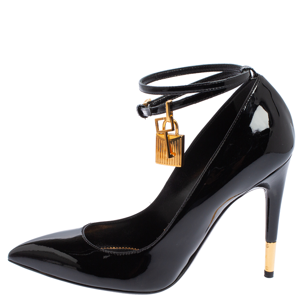 

Tom Ford Black Patent Leather Padlock Ankle Wrap Pointed Toe Pumps Size