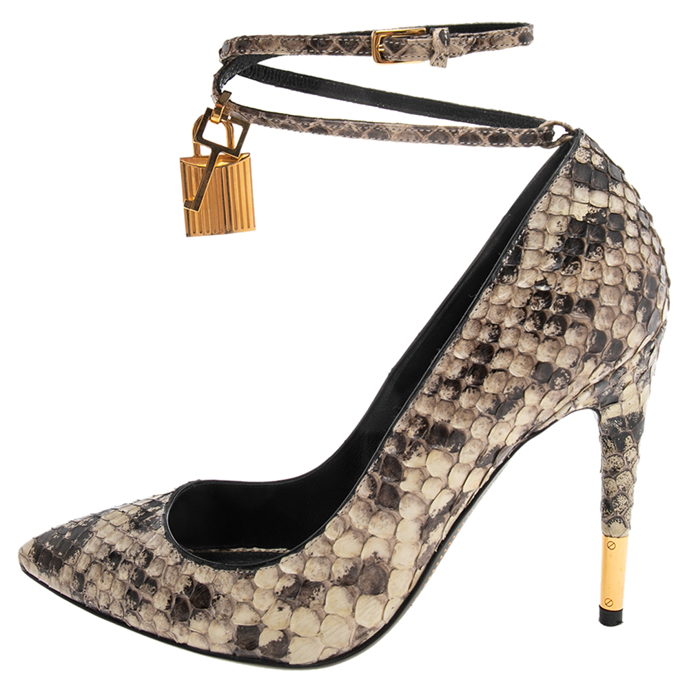 

Tom Ford Grey/Black Python Leather Padlock Ankle Wrap Pointed Toe Pumps Size