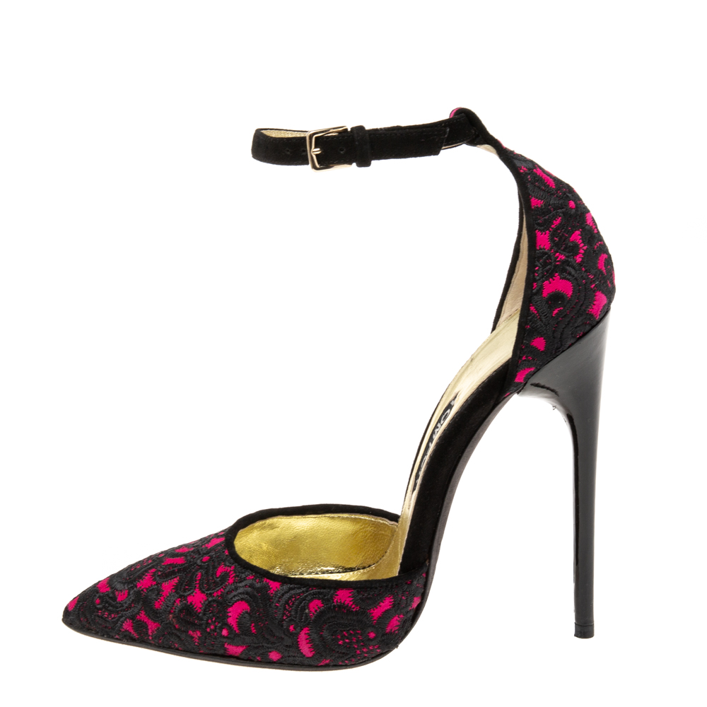

Tom Ford Pink/Black Embroidered Suede D'Orsay Pointed Toe Ankle Strap Pumps Size