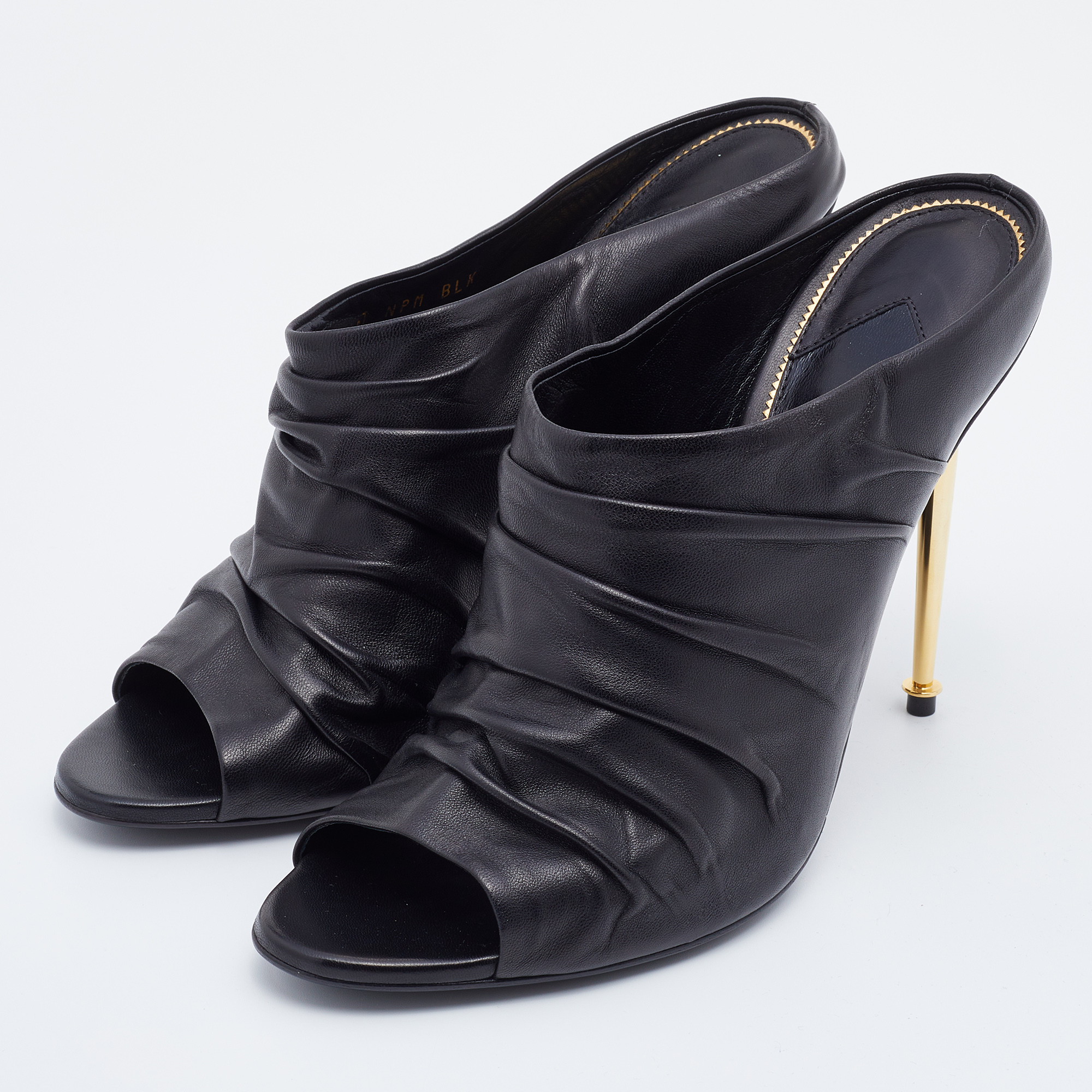 

Tom Ford Black Ruched Leather Peep Toe Mules Size