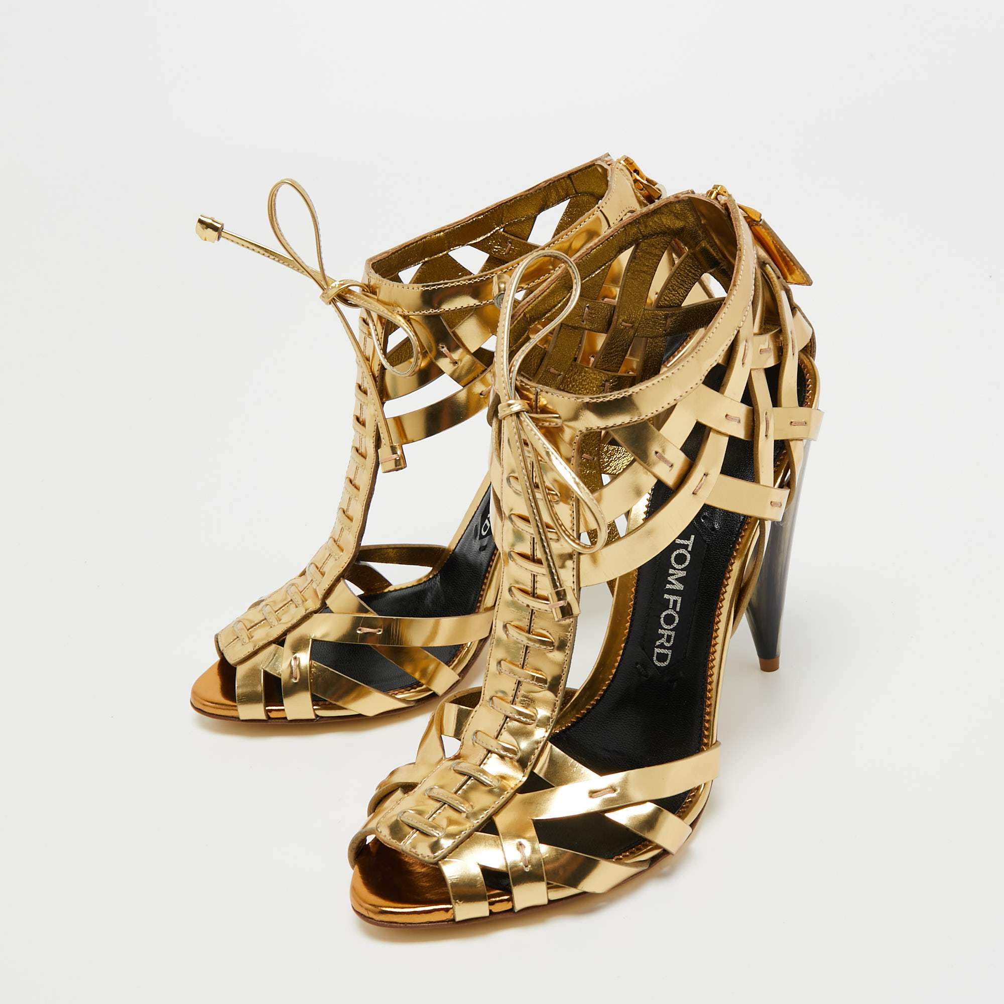 

Tom Ford Gold Leather Cutout Peep Toe Booties Size