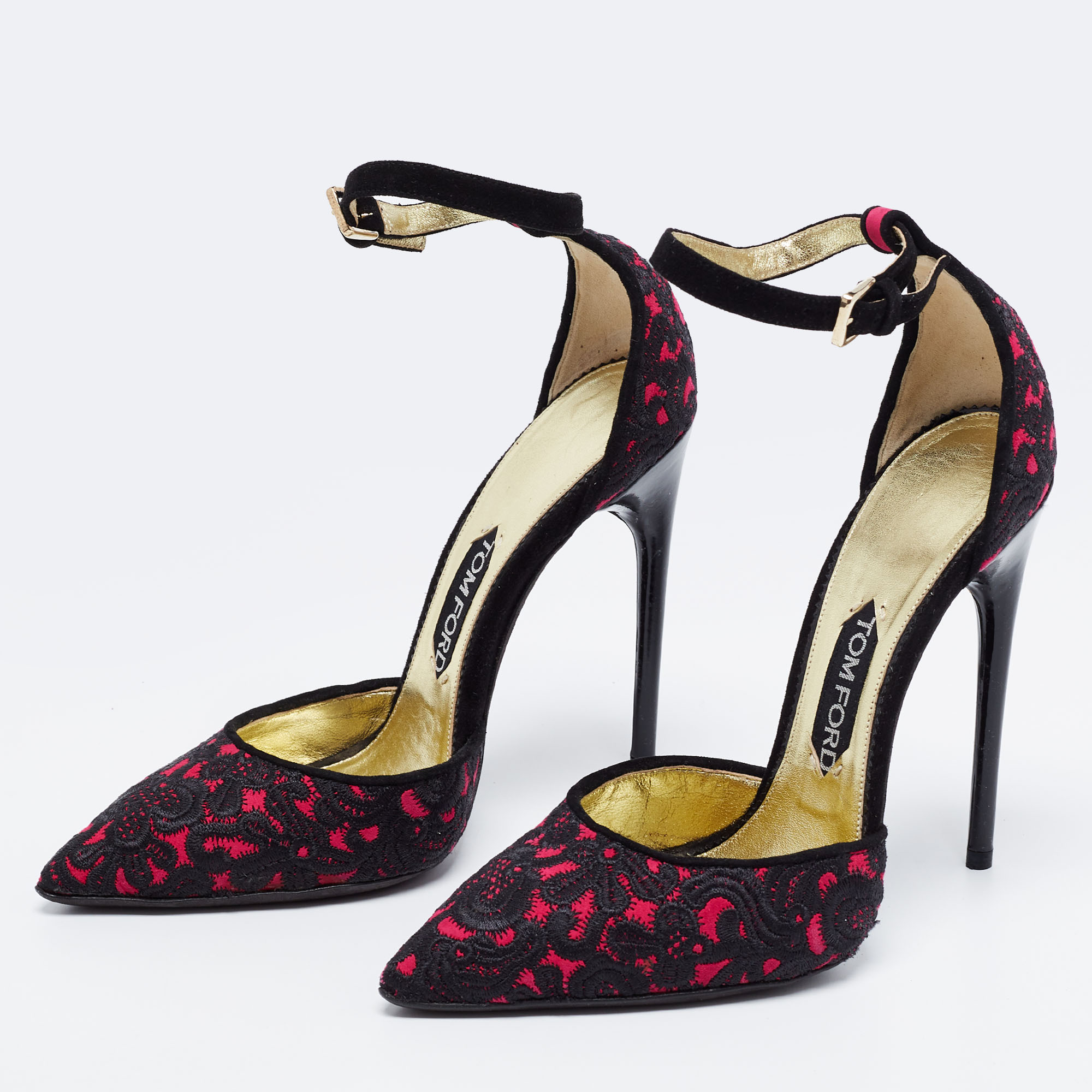 

Tom Ford Black/Pink Embroidered Suede D'Orsay Ankle Strap Pumps Size