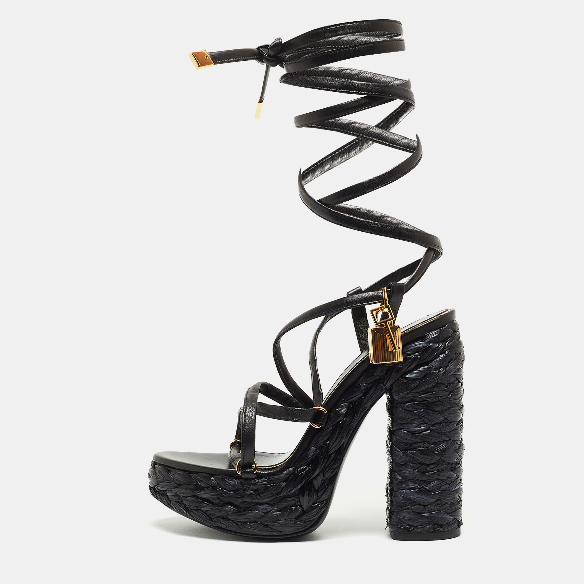 Pre-owned Tom Ford Black Raffia And Leather Ankle Strap Sandals Size 38