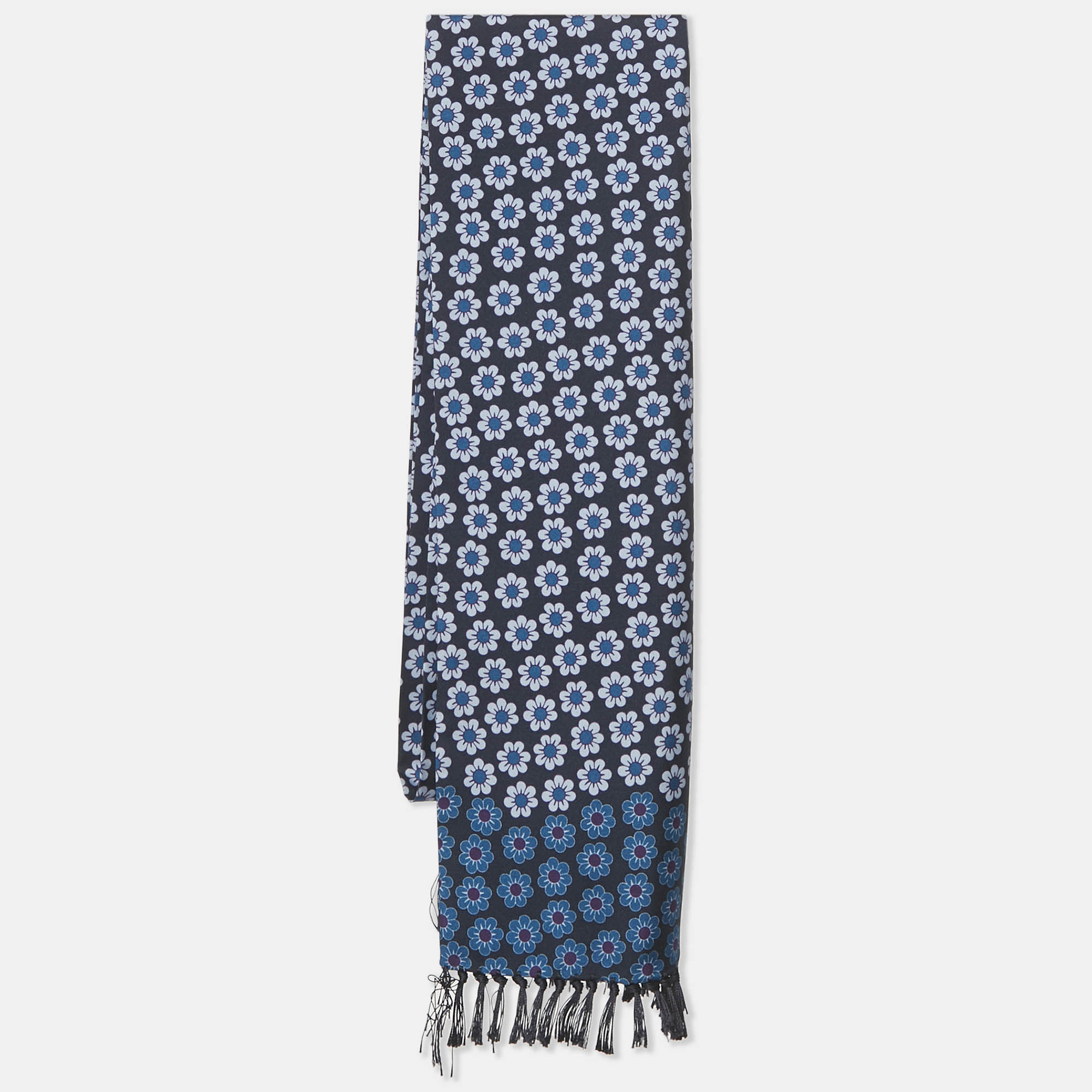 

Tom Ford Blue Floral Print Silk Fringed Scarf