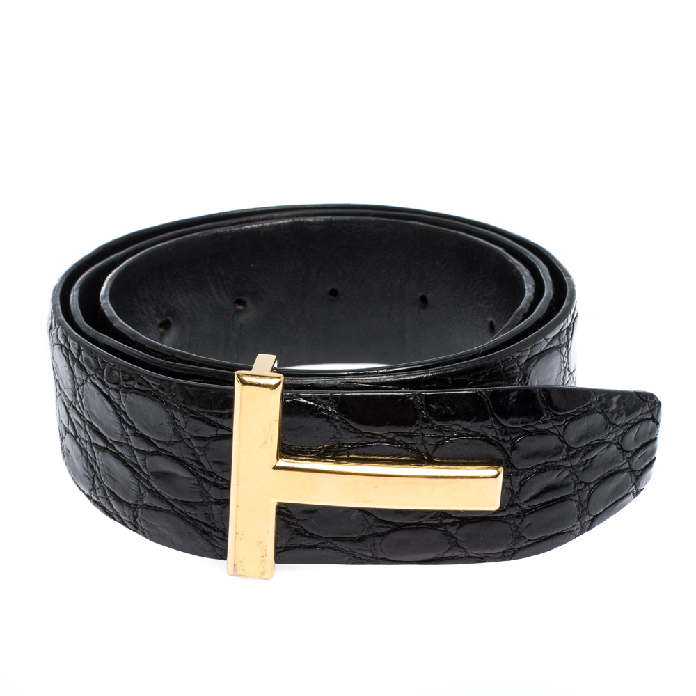 

Tom Ford Black Crocodile T Buckle Belt