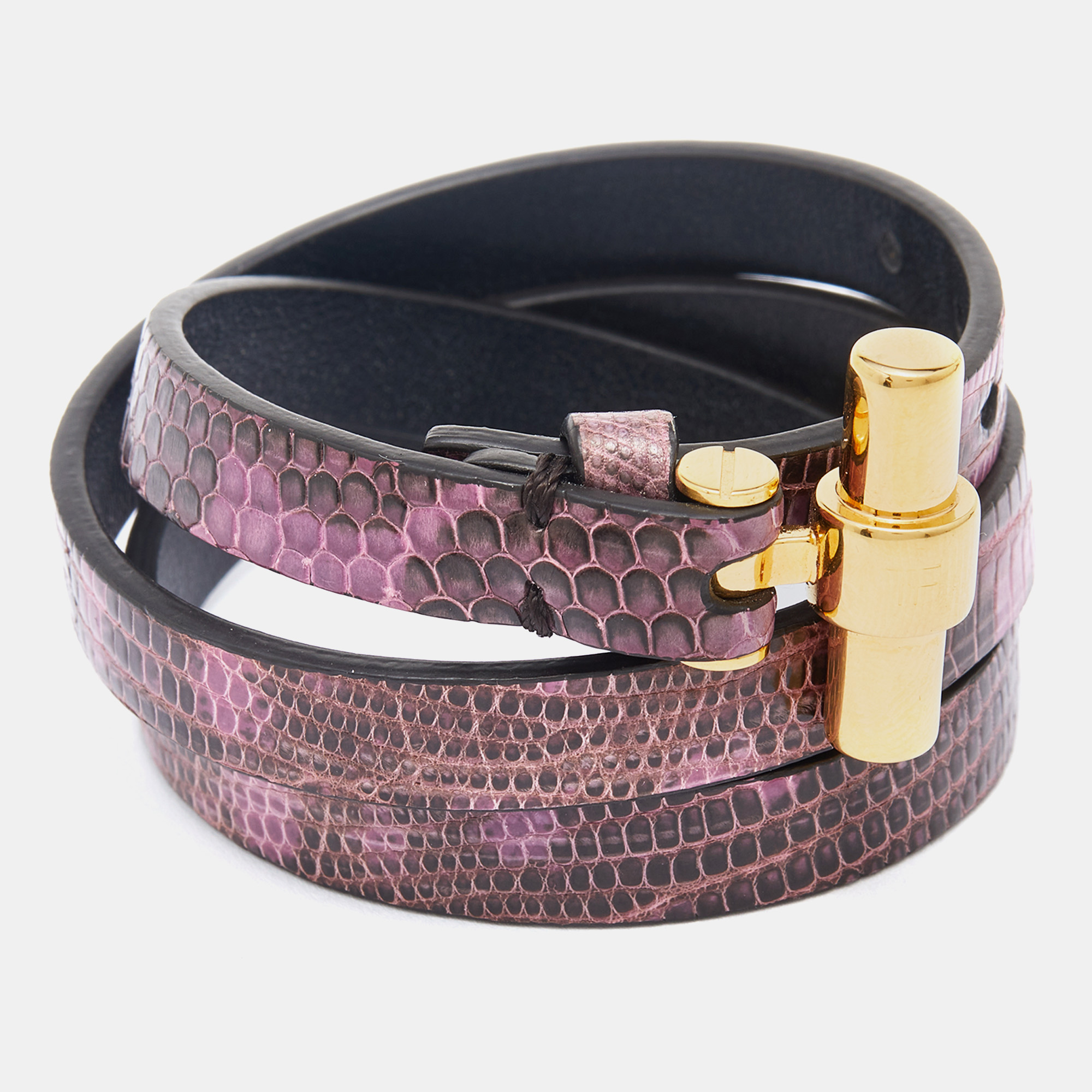 

Tom Ford Purple Lizard Embossed Leather Gold Tone T Buckle Wrap Bracelet