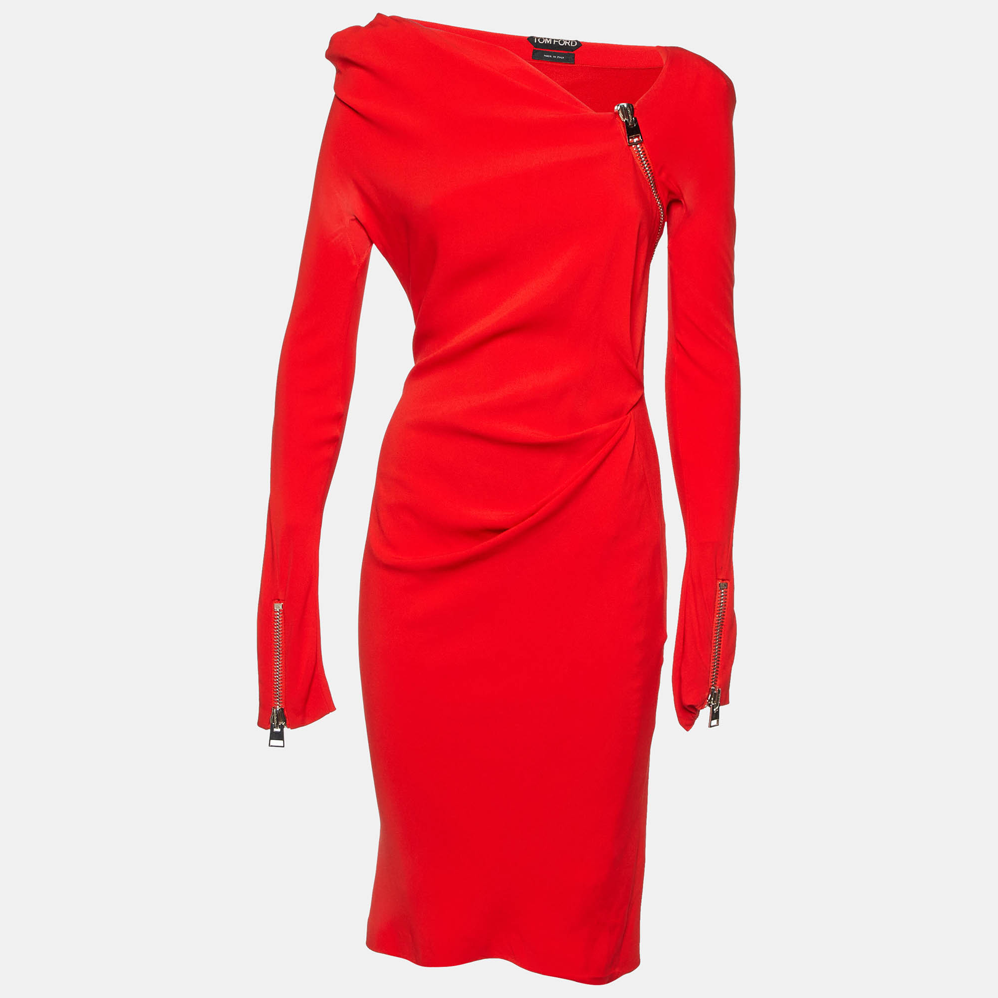 

Tom Ford Red Silk Draped Zip Detail Short Dress S