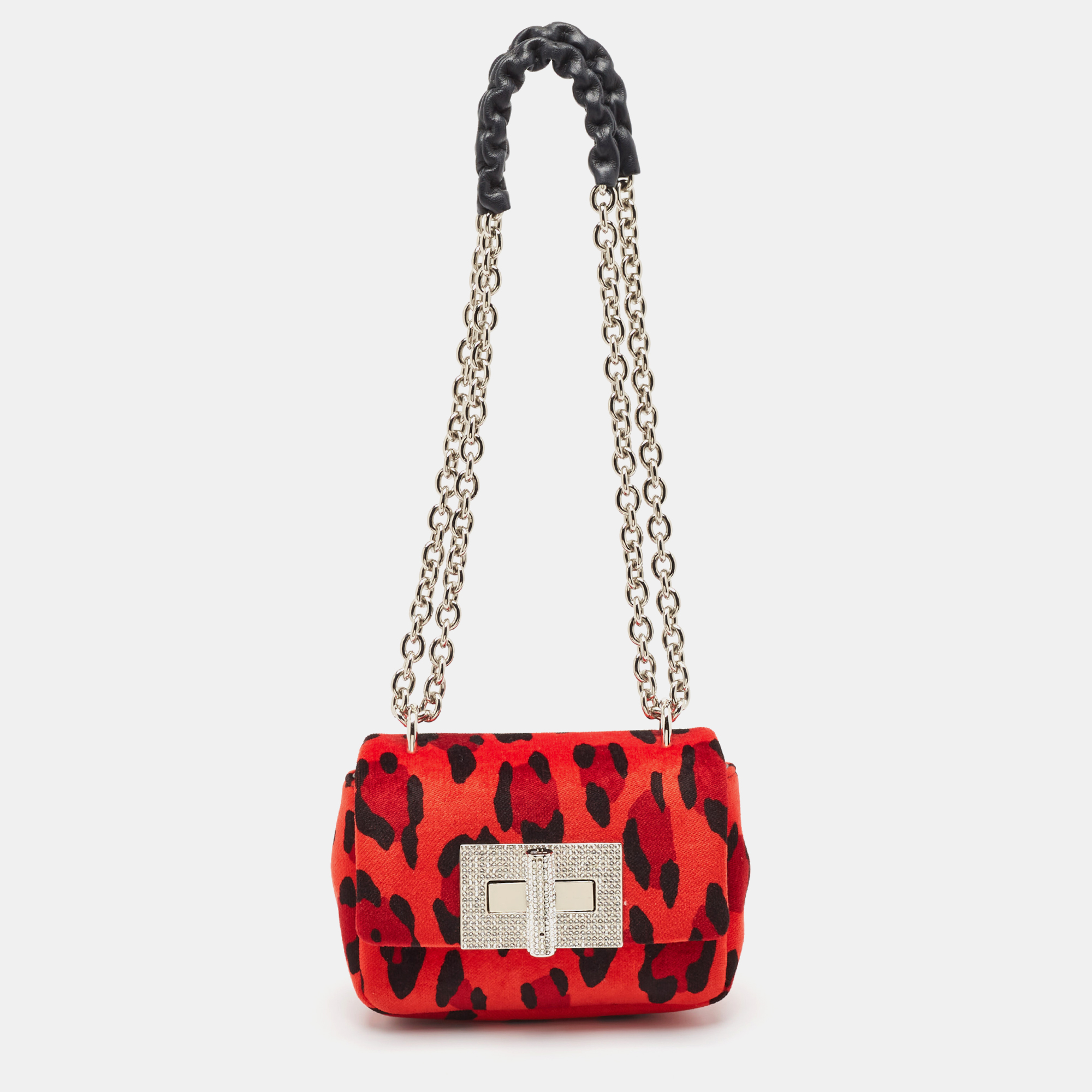 Pre-owned Tom Ford Red/black Leopard Print Fabric Natalia Chain Shoulder Bag