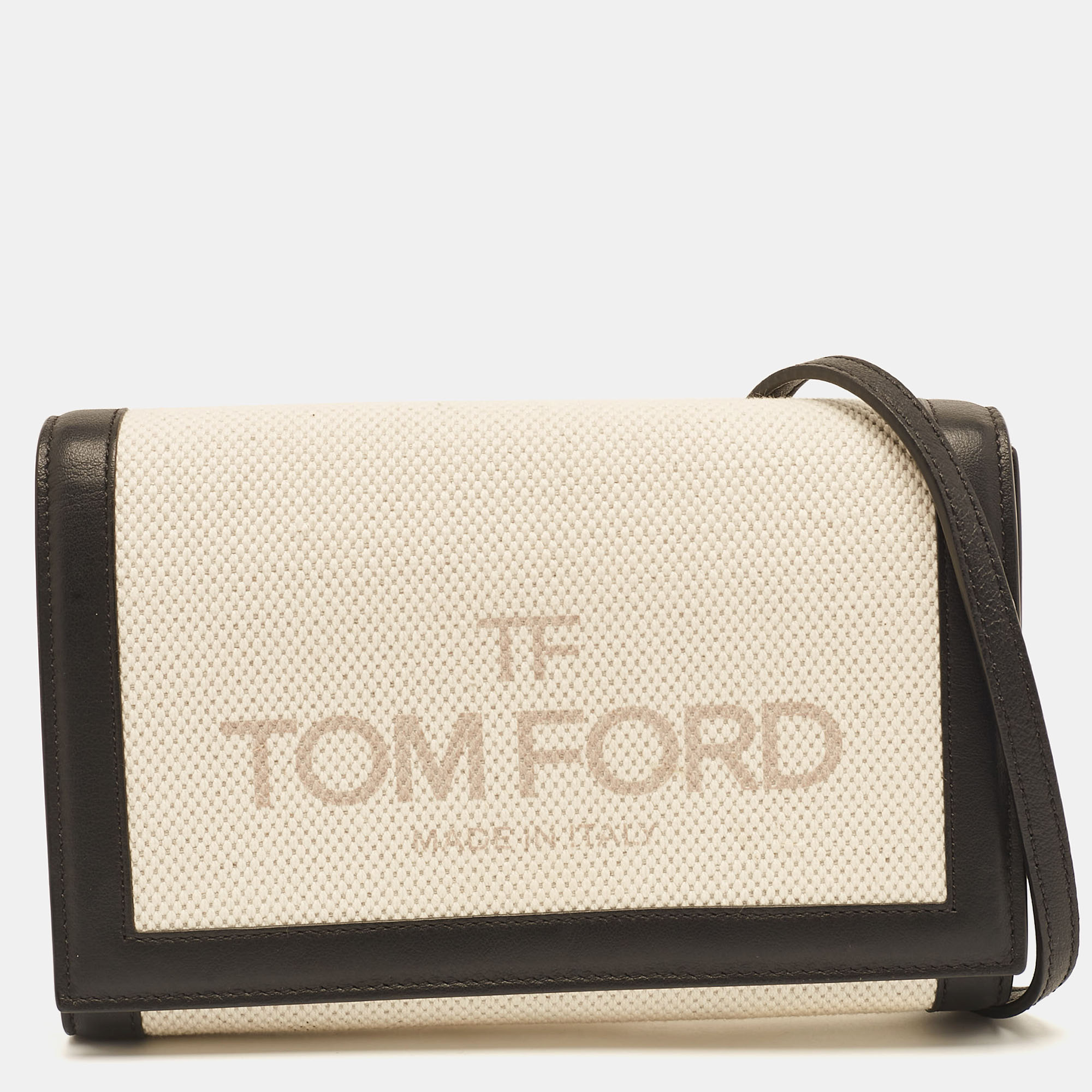 

Tom Ford Beige/Black Logo Print Canvas and Leather Flap Wallet on Strap