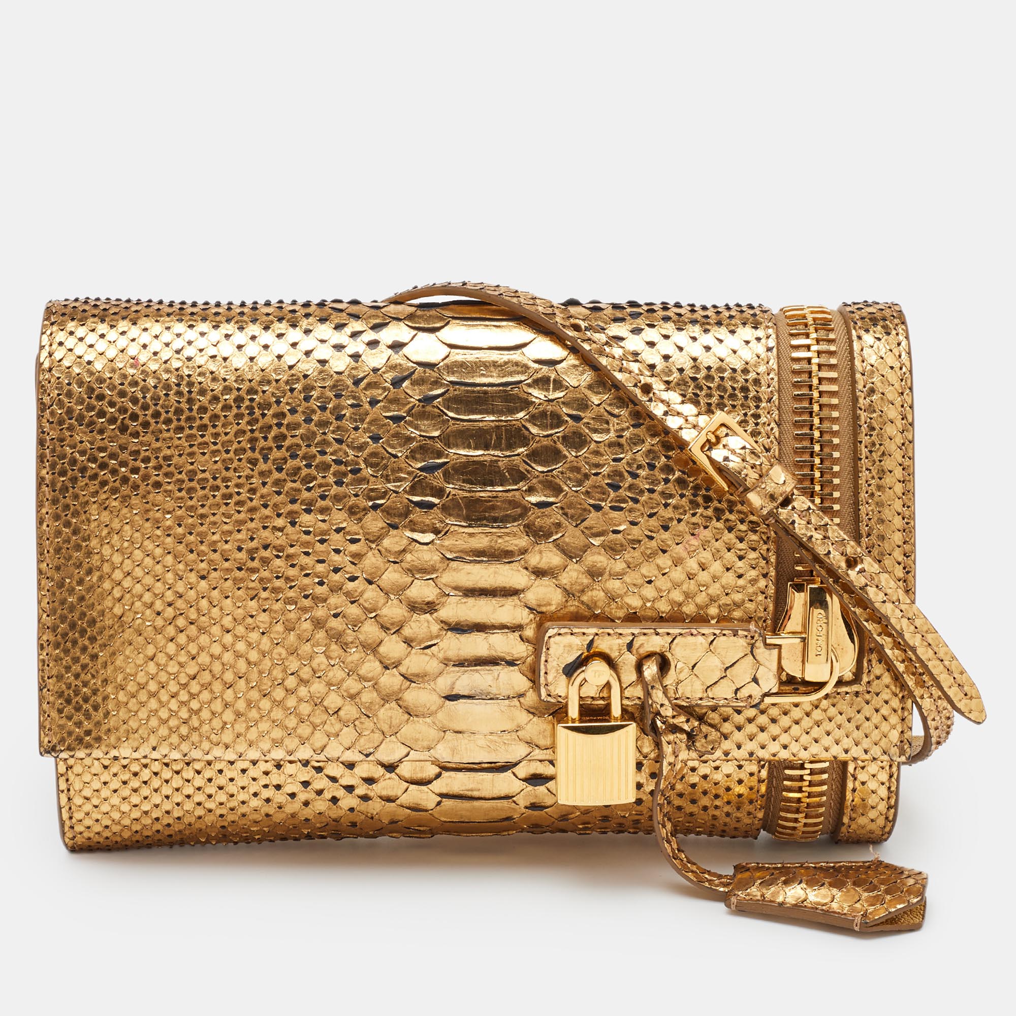 

Tom Ford Gold Alix Python Zip & Padlock Clutch