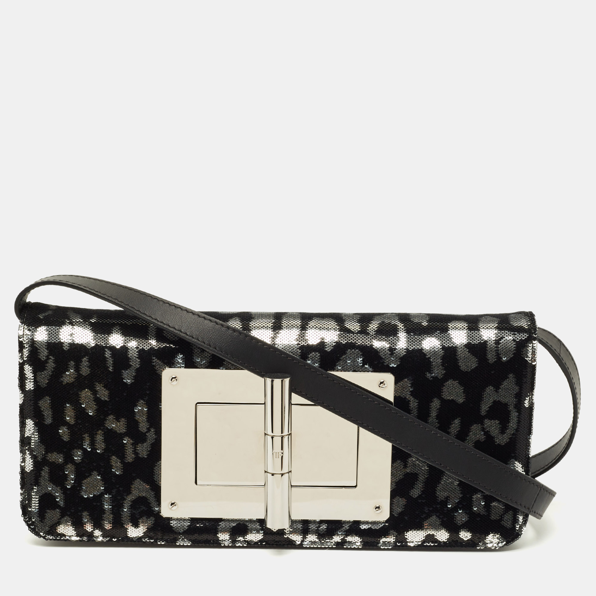 Pre-owned Tom Ford Black/silver Leopard Print Sequins And Leather Natalia Long Clutch Bag