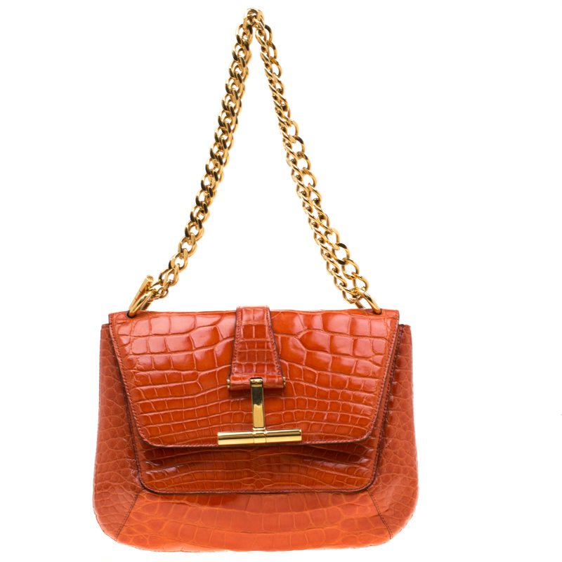 Pre Owned Tom Ford Orange Alligator Shoulder Bag