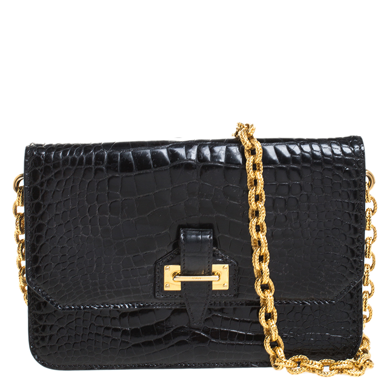 Pre Owned Tom Ford Black Crocodile Buckle Flap Chain Shoulder Bag