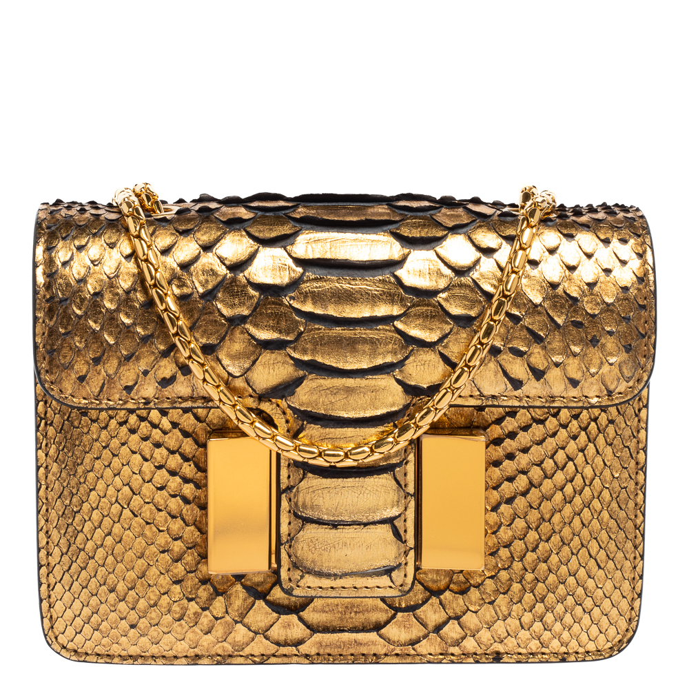 Shop Pre-owned Tom Ford Metallic Gold Python Mini Sienna Chain Shoulder Bag
