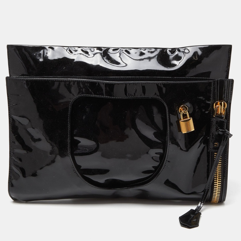 

Tom Ford Black Patent Leather Alix Fold Over Oversize Clutch