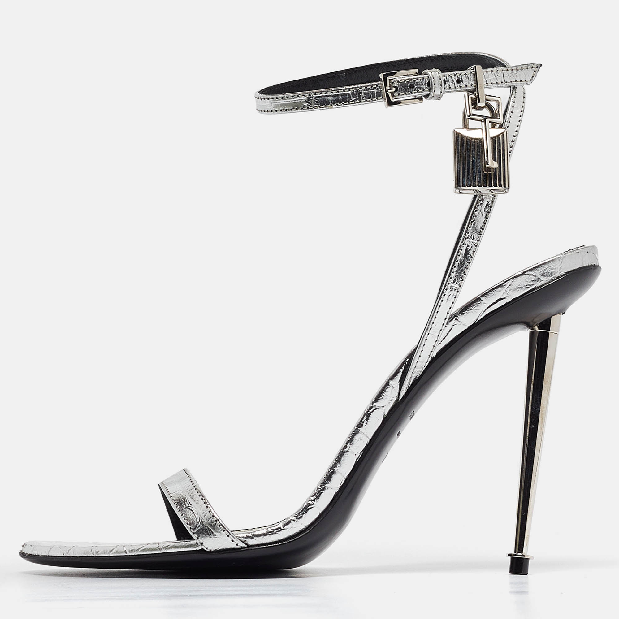 

Tom Ford Silver Croc Embossed Patent Leather Padlock Ankle Strap Sandals Size