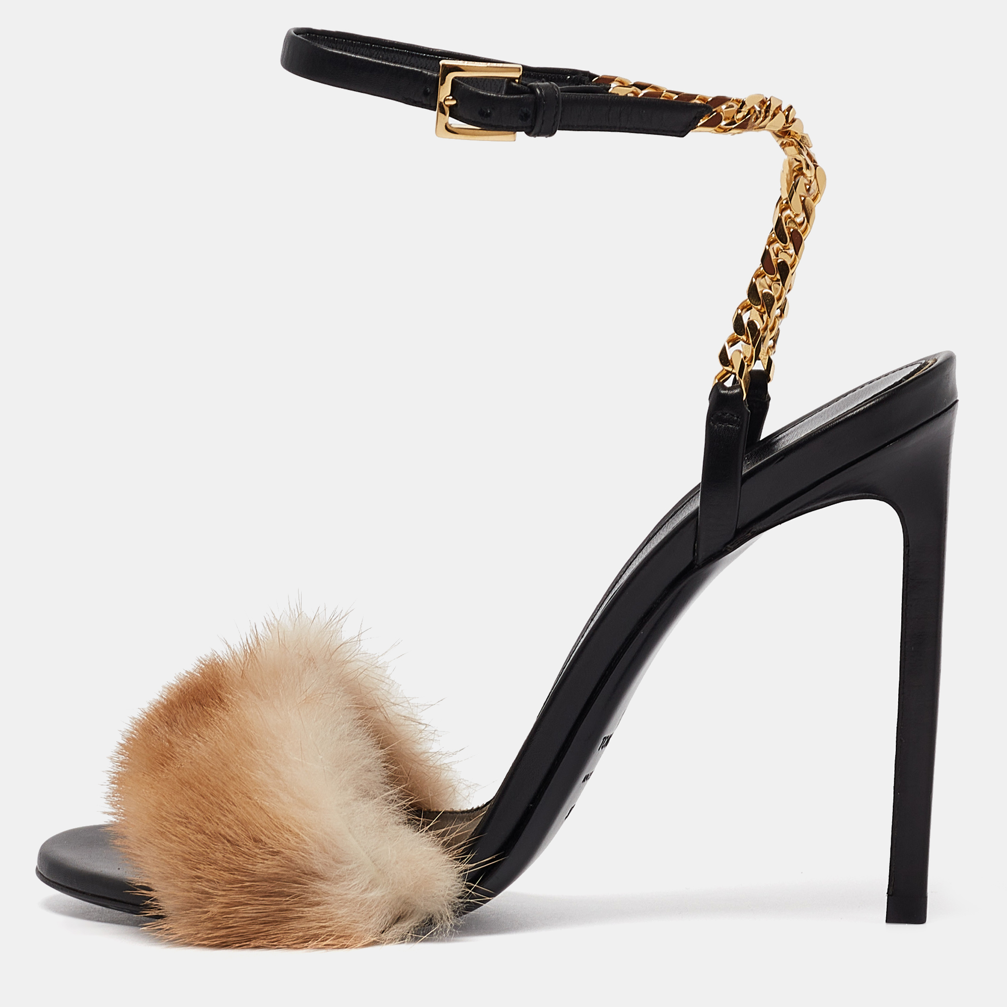 

Tom Ford Beige/Black Fur and Leather Ankle Strap Sandals Size