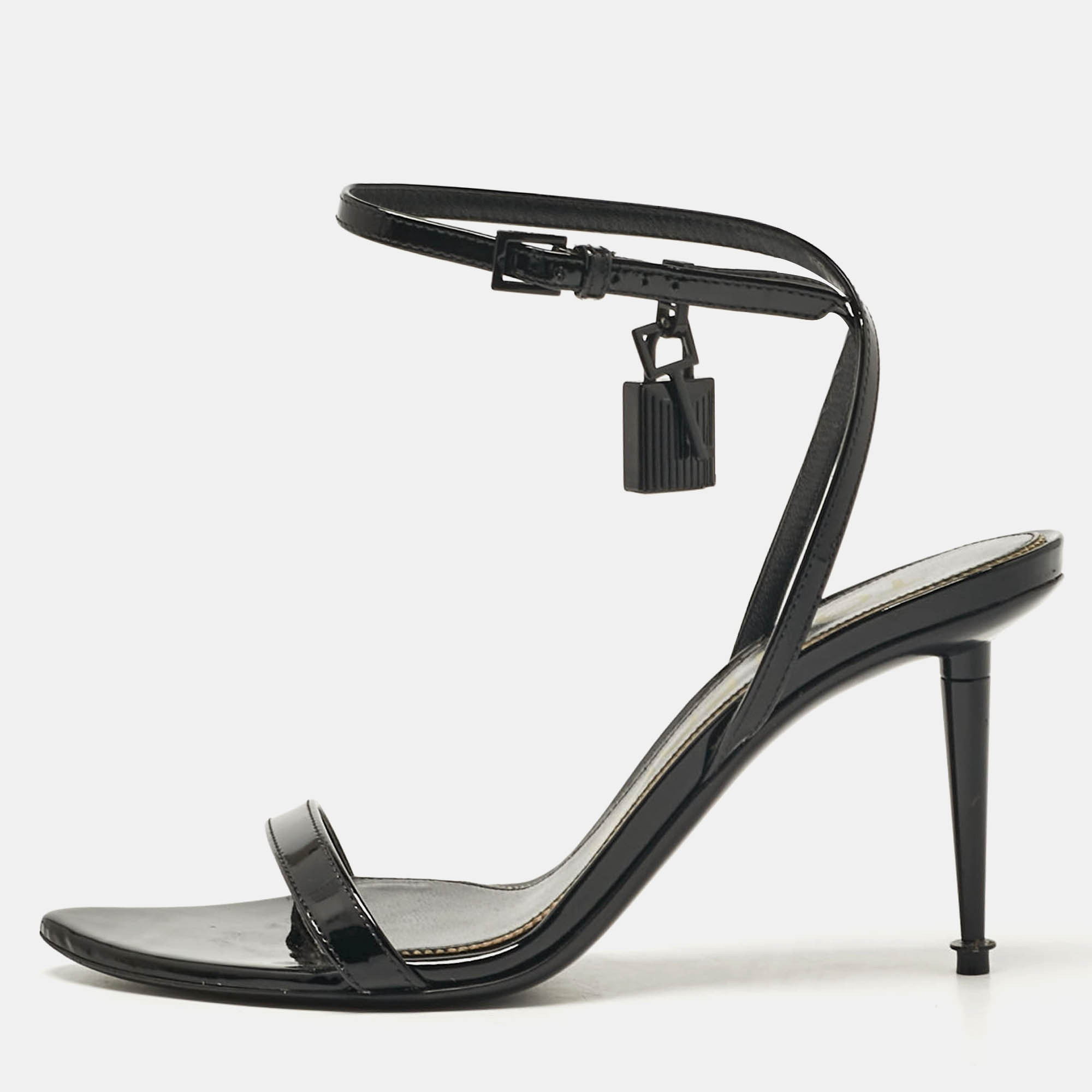 

Tom Ford Black Patent Leather Padlock Ankle Strap Sandals Size