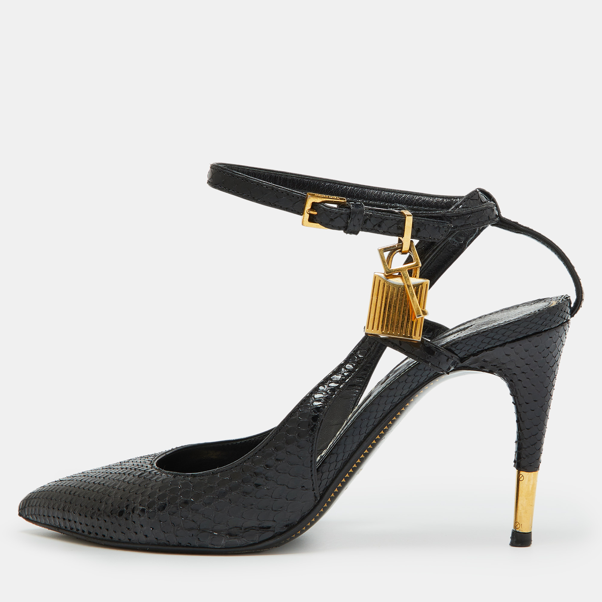 

Tom Ford Black Snakeskin Leather Padlock Ankle Wrap Pointed Toe Pumps Size