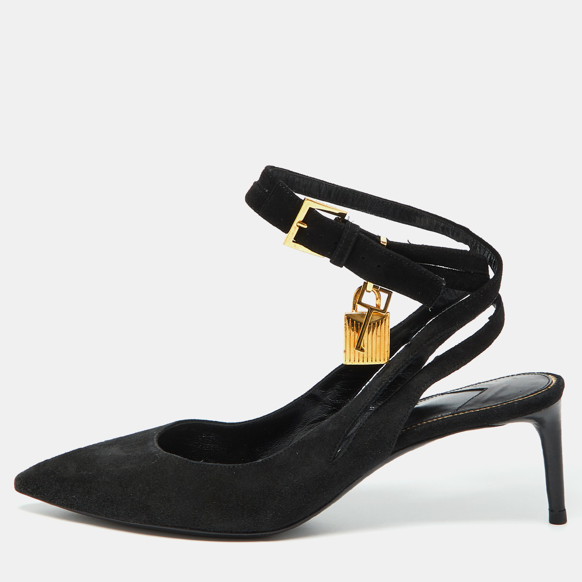 

Tom Ford Black Suede Padlock Slingback Pumps Size