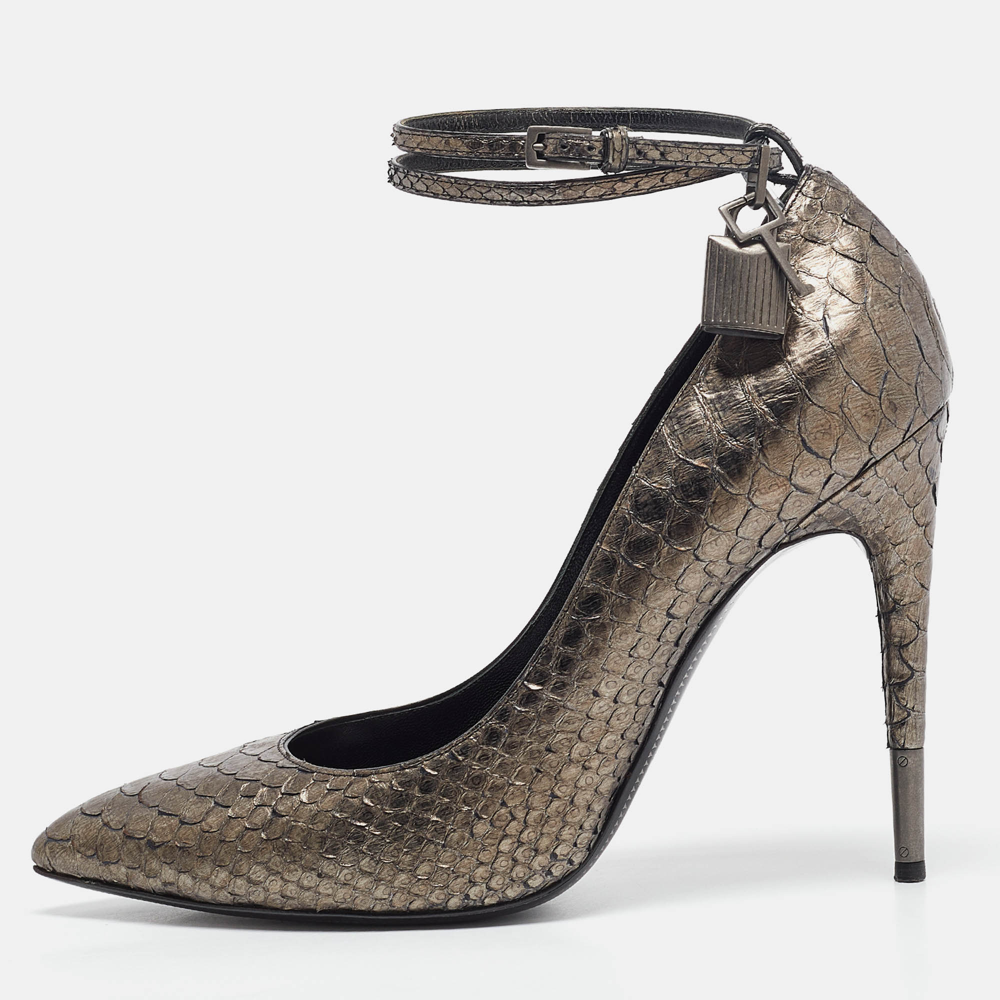 

Tom Ford Metallic Grey Python Padlock Ankle Wrap Pumps Size