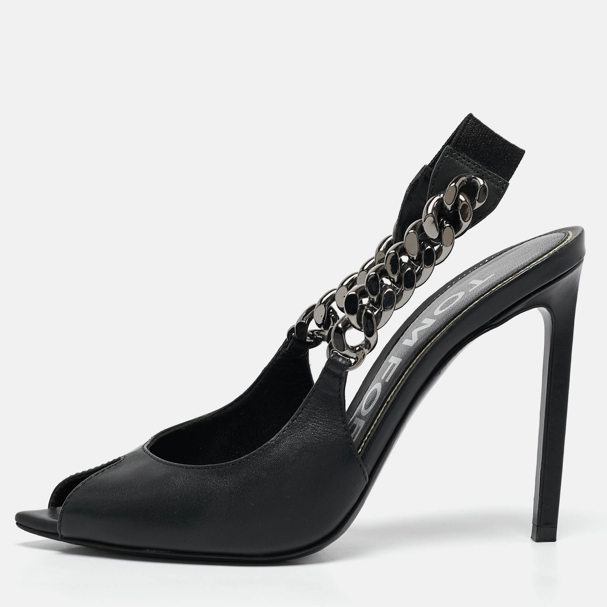 

Tom Ford Black Leather Chain Linked Slingback Peep Toe Pumps Size