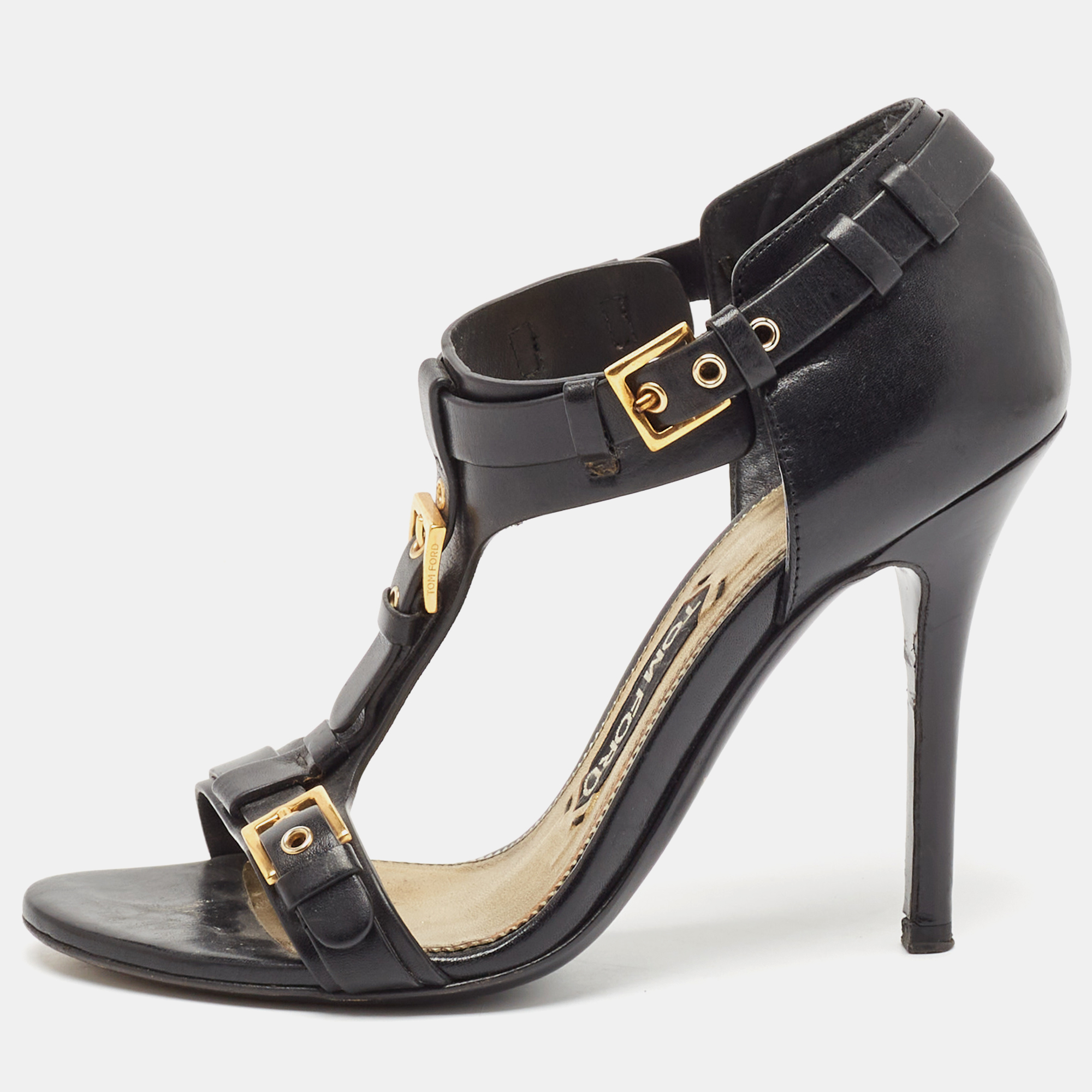 

Tom Ford Black Leather Buckle Detail T-Strap Sandals Size