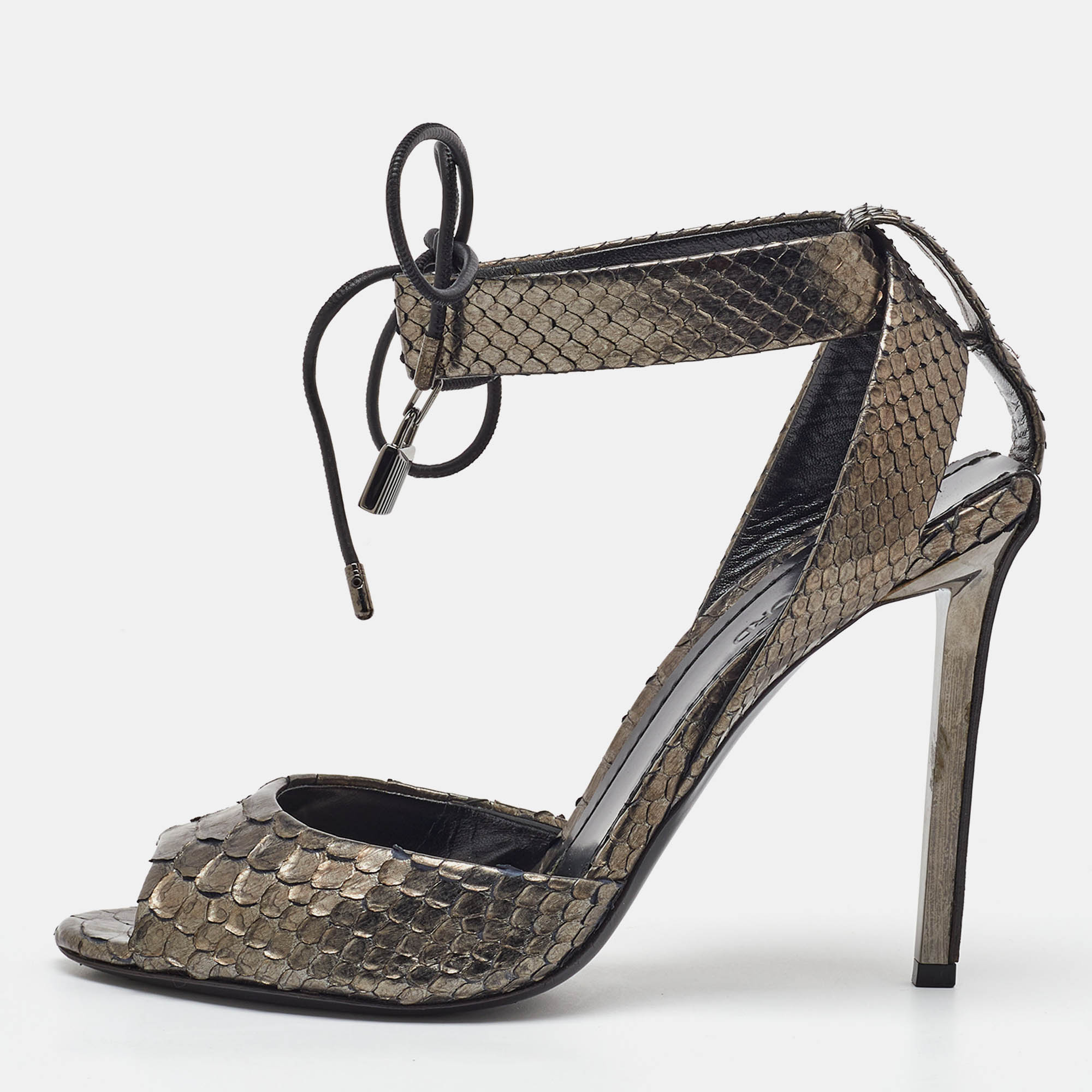 

Tom Ford Metallic Grey Python Lock Ankle Strap Sandals Size