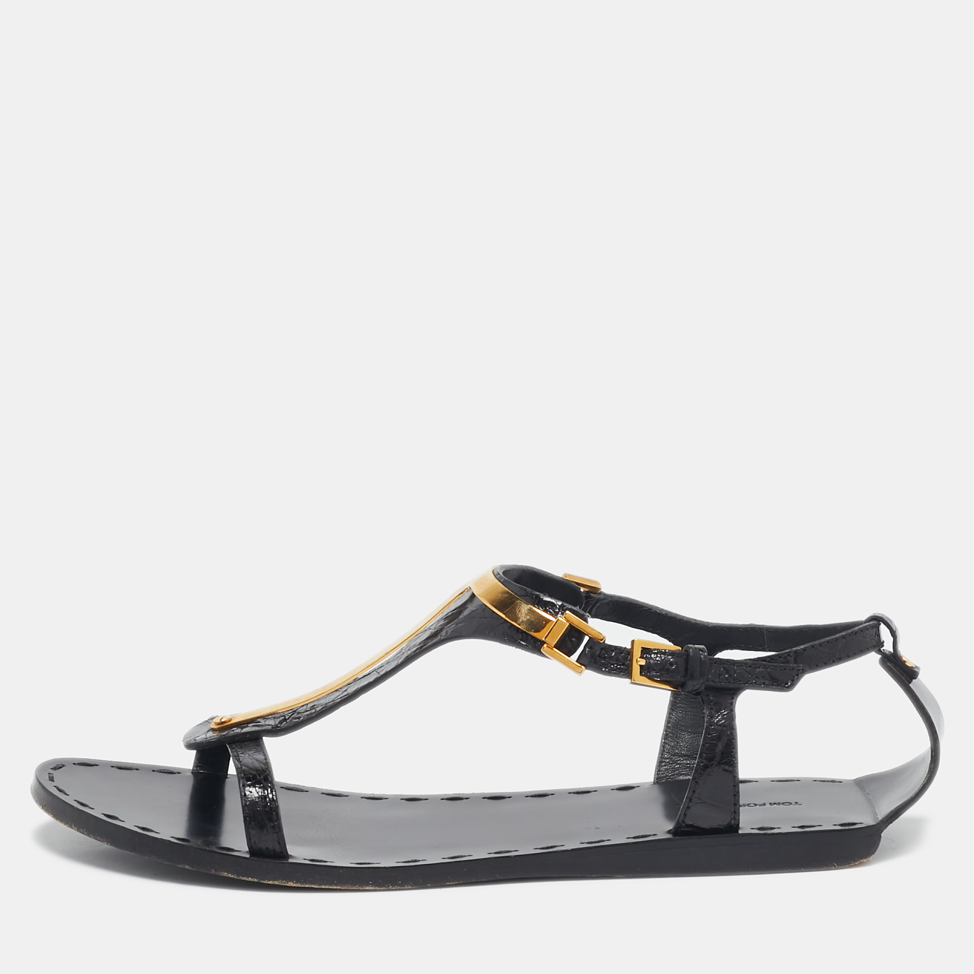 

Tom Ford Black Croc Embossed Leather T-Strap Flat Sandals Size