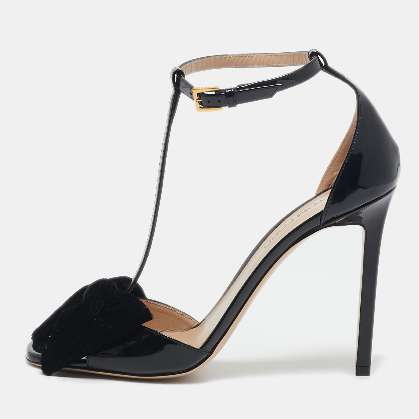 

Tom Ford Black Patent Leather and Velvet Bow Brigitte T-Strap Sandals Size